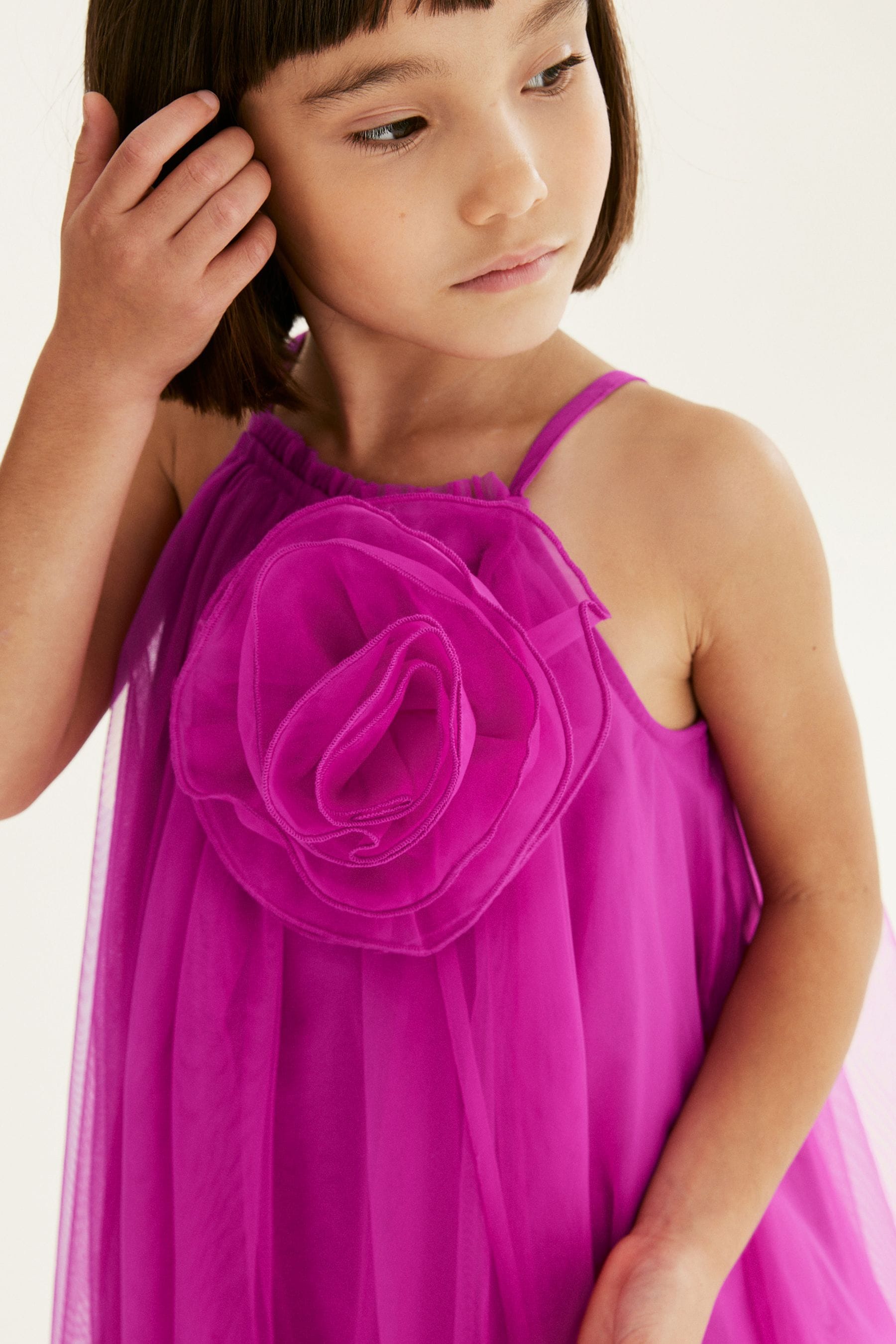 Magenta Pink Corsage Mesh Dress (3-16yrs)