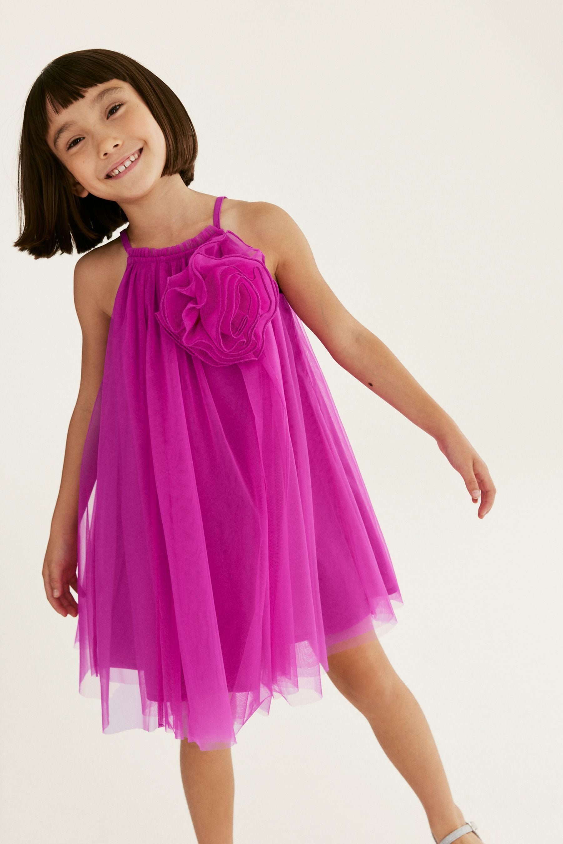 Magenta Pink Corsage Mesh Dress (3-16yrs)