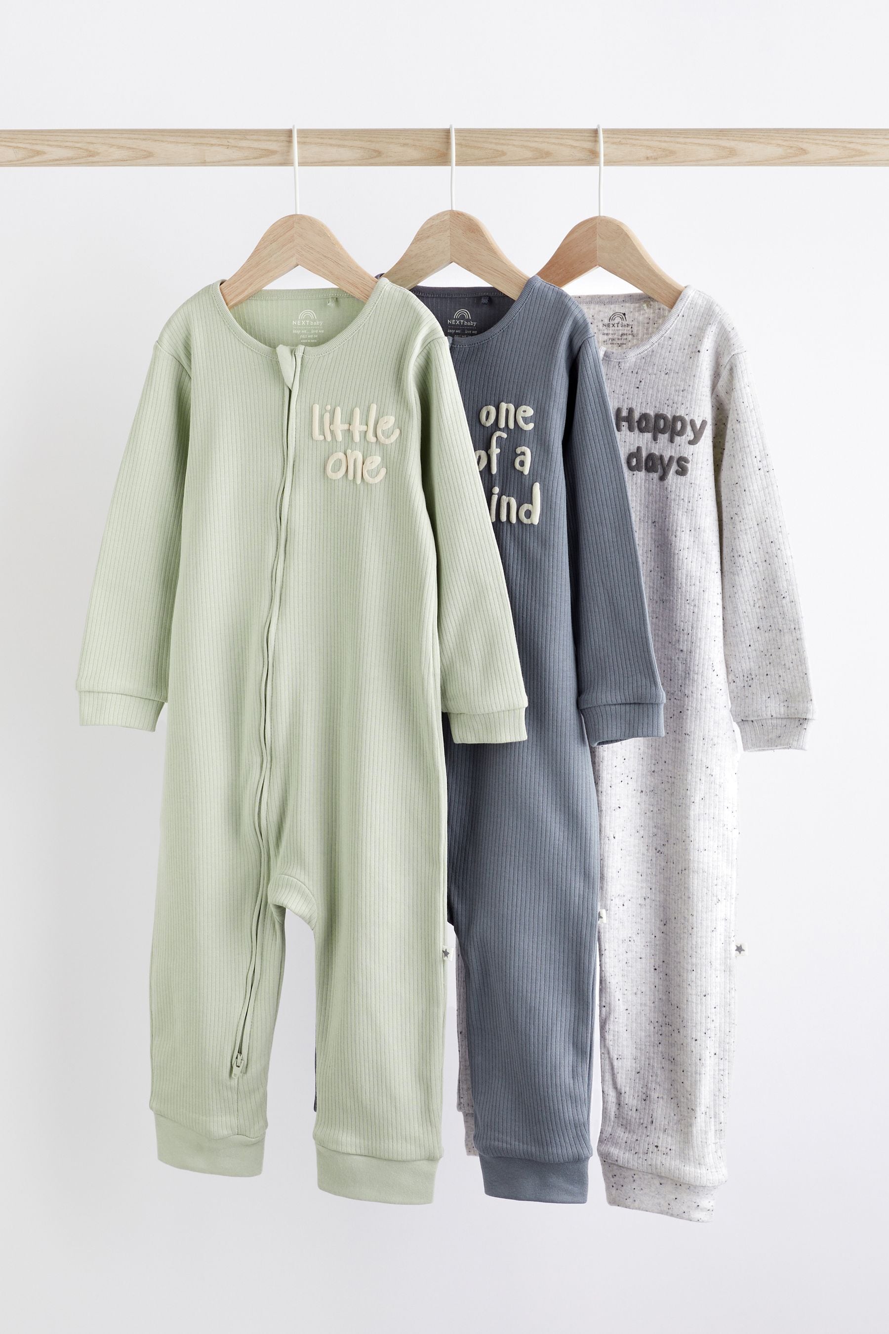 Blue / Grey Slogan Footless Zip 3 Pack Baby Sleepsuits (0-3yrs)