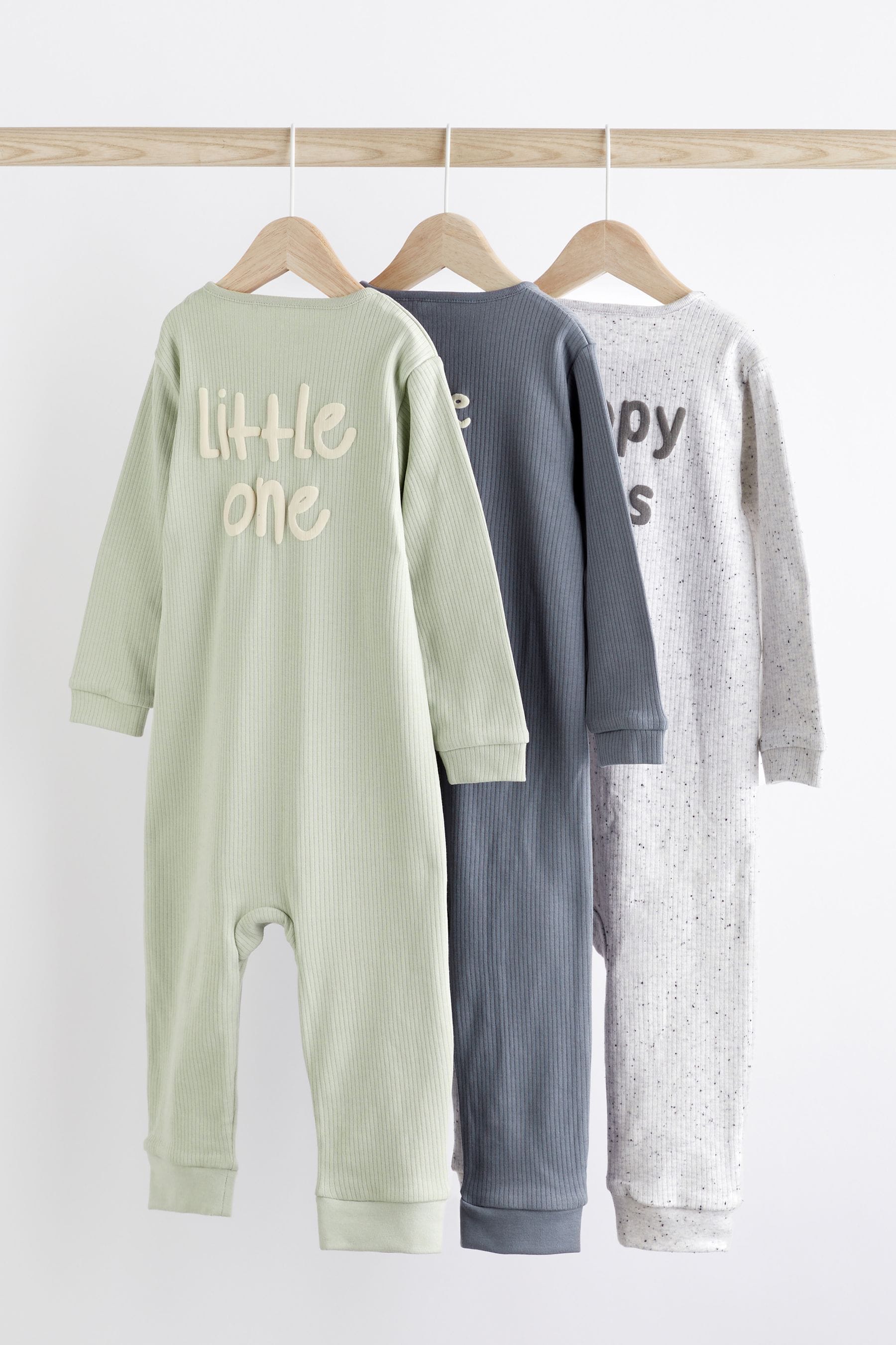 Blue / Grey Slogan Footless Zip 3 Pack Baby Sleepsuits (0-3yrs)