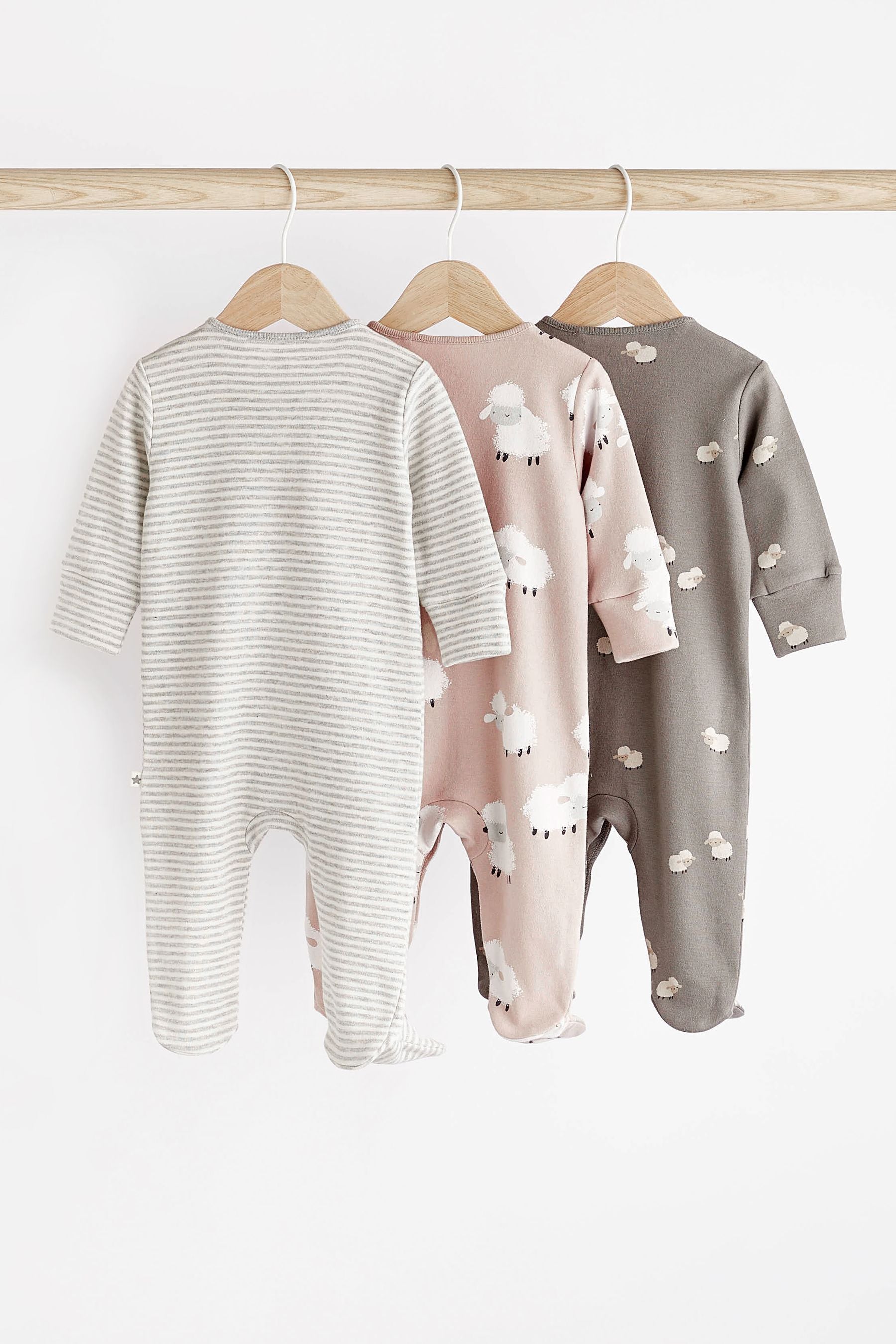 Grey Sheep Baby Delicate Appliqué Sleepsuits 3 Pack (0-2yrs)