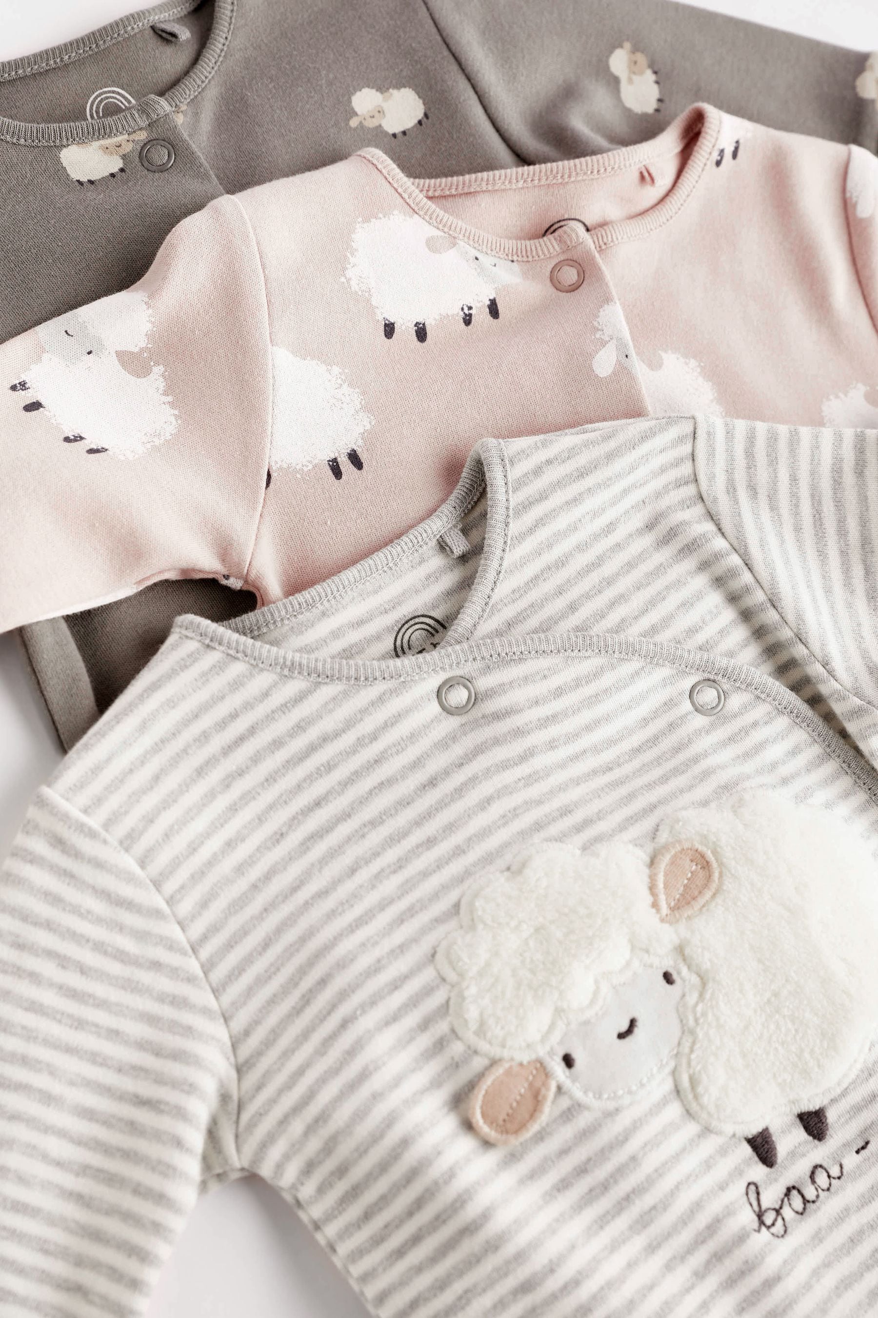 Grey Sheep Baby Delicate Appliqué Sleepsuits 3 Pack (0-2yrs)