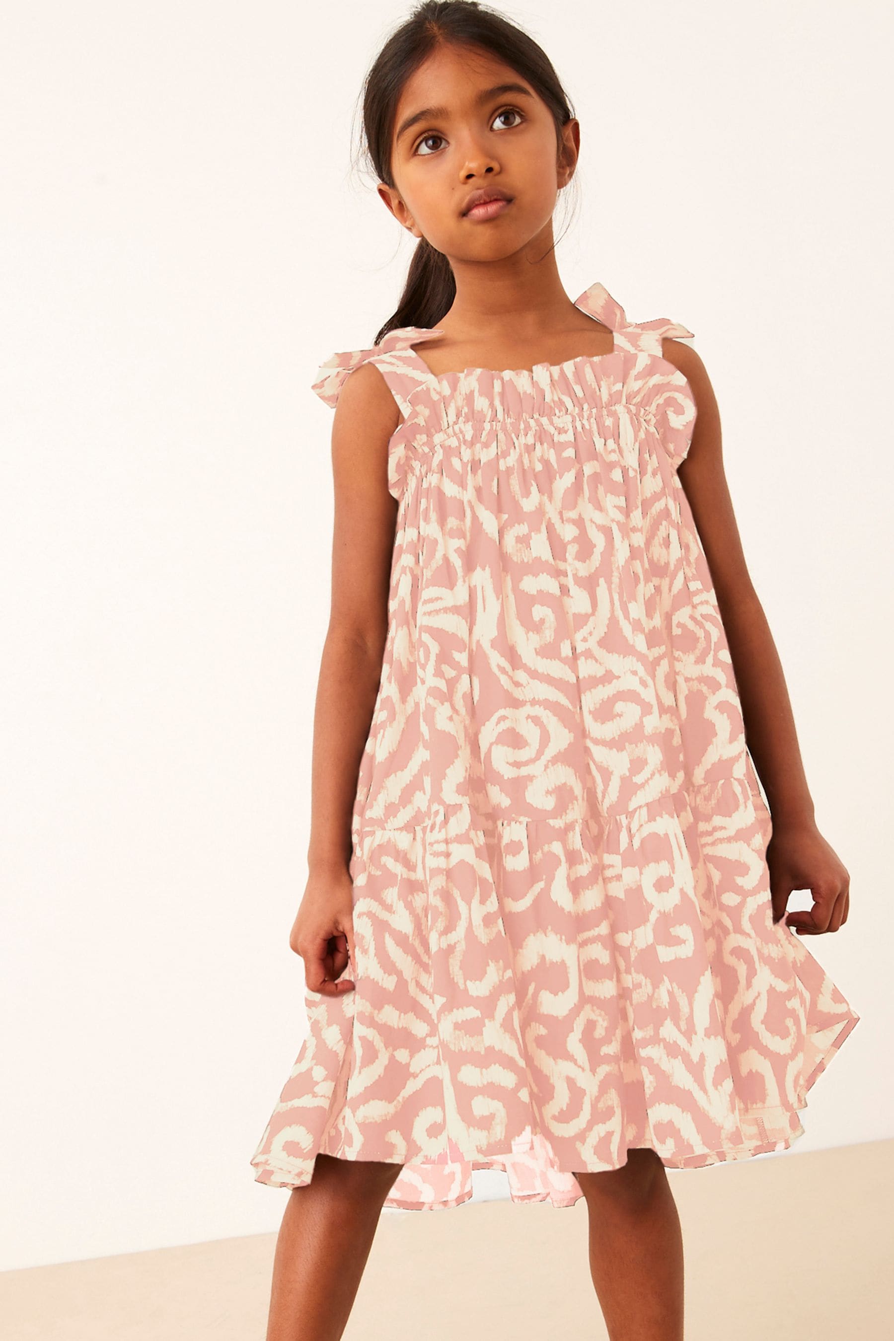 Pink Swirl Print Tie Shoulder Printed Summer Dress (3-16yrs)