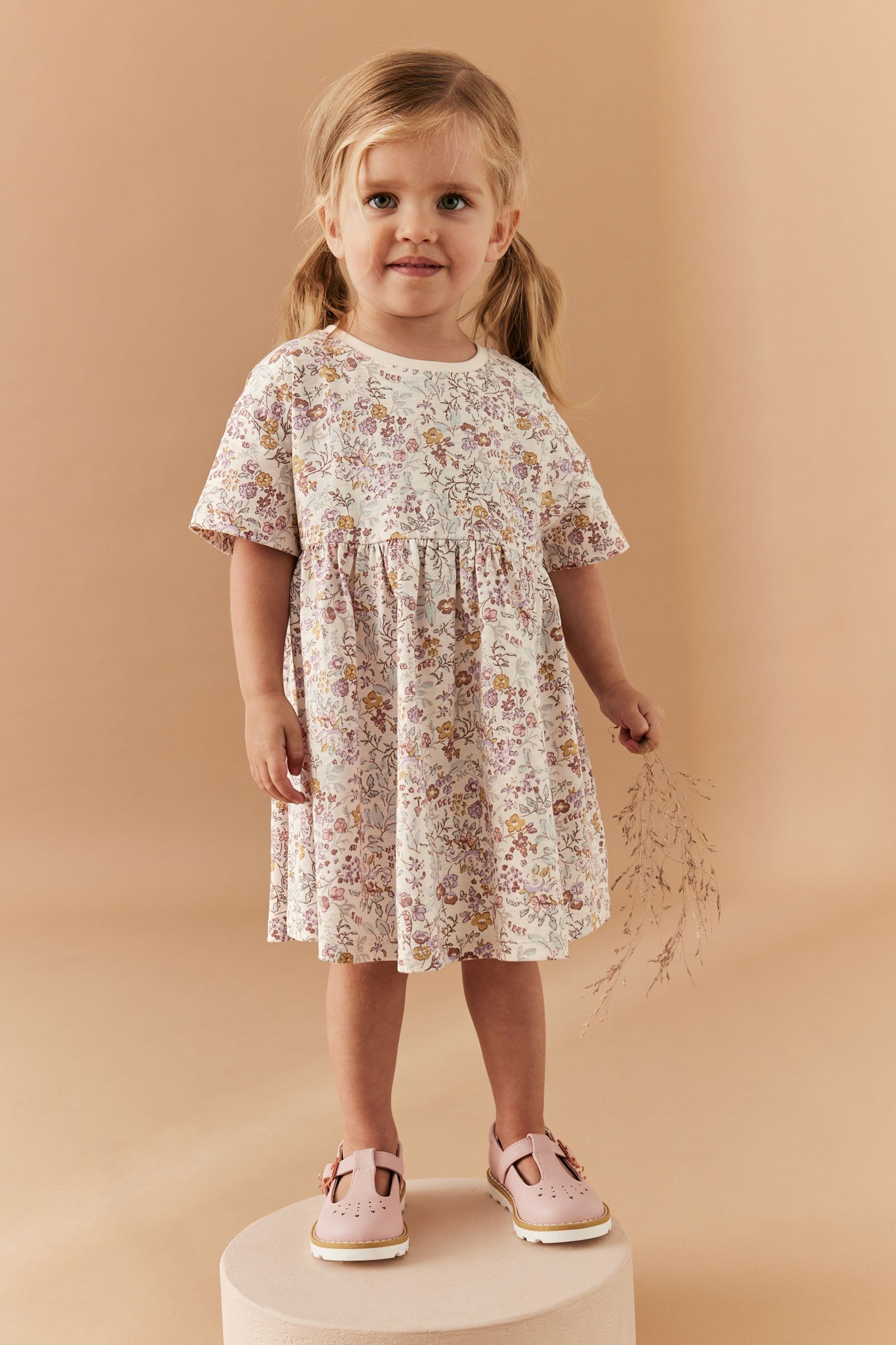 Cream Ditsy Short Sleeve Cotton Jersey Dress (3mths-7yrs)