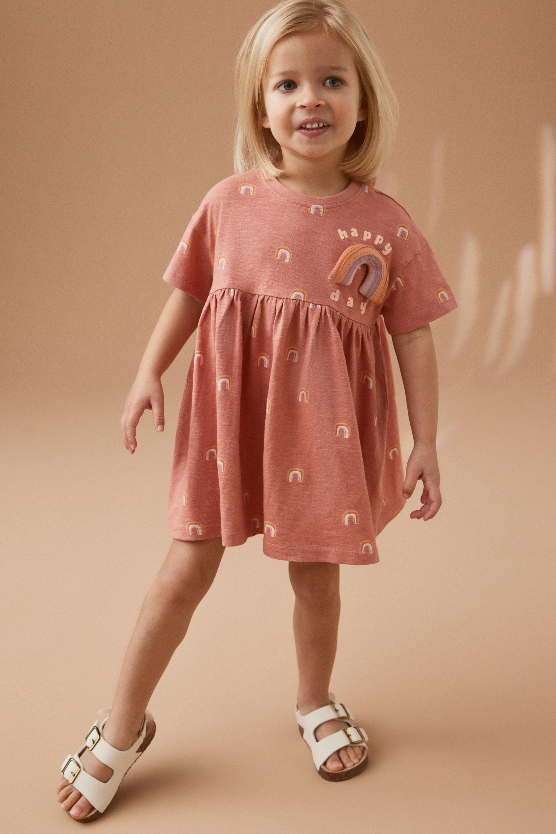 Neutral Rainbow Short Sleeve Cotton Jersey Dress (3mths-7yrs)