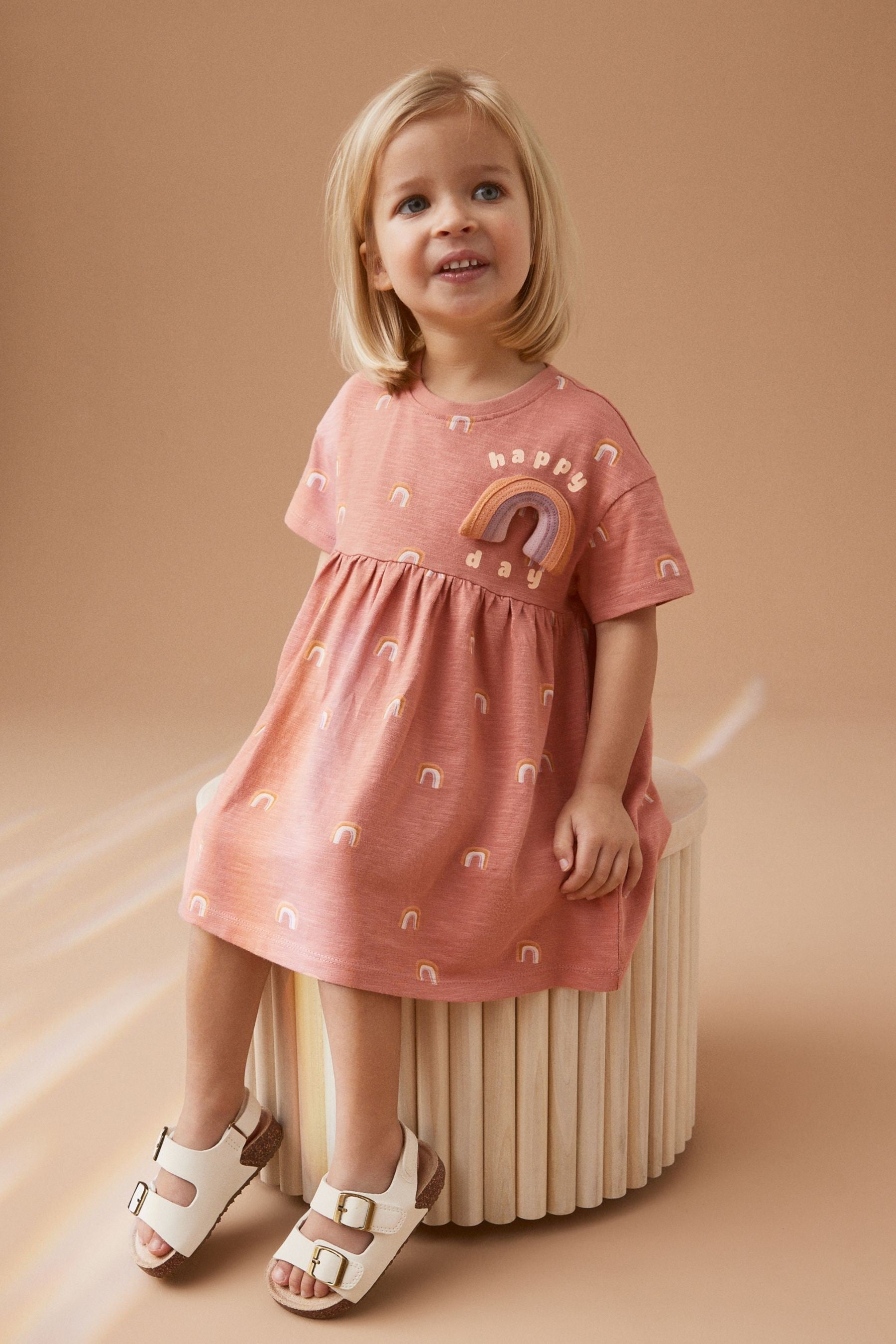 Neutral Rainbow Short Sleeve Cotton Jersey Dress (3mths-7yrs)