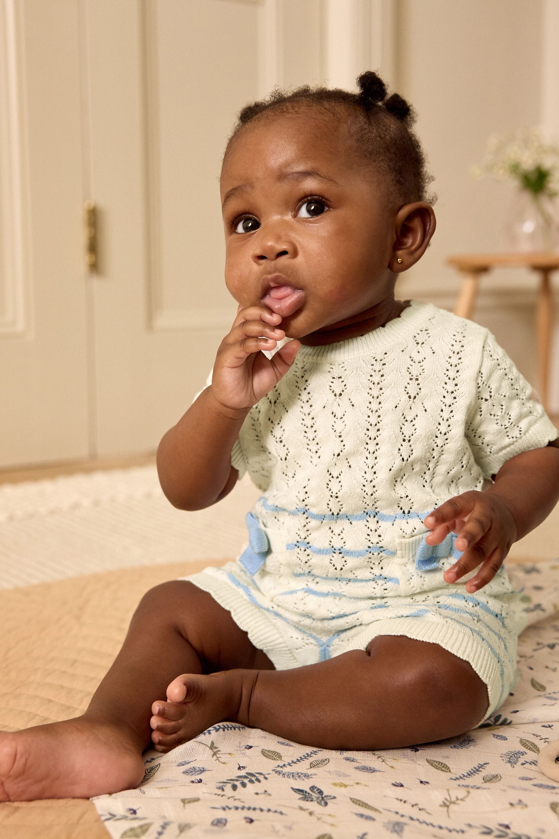 White/Blue Stripe Baby Knitted Top and Shorts Set (0mths-2yrs)