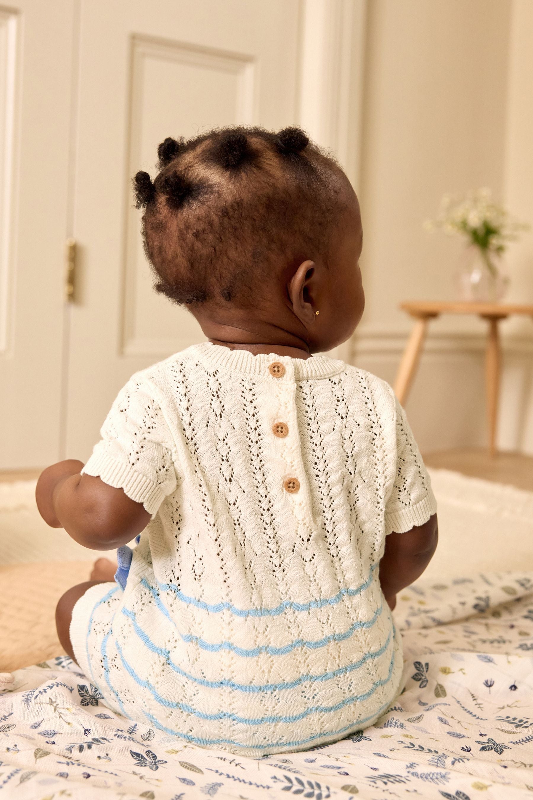 White/Blue Stripe Baby Knitted Top and Shorts Set (0mths-2yrs)