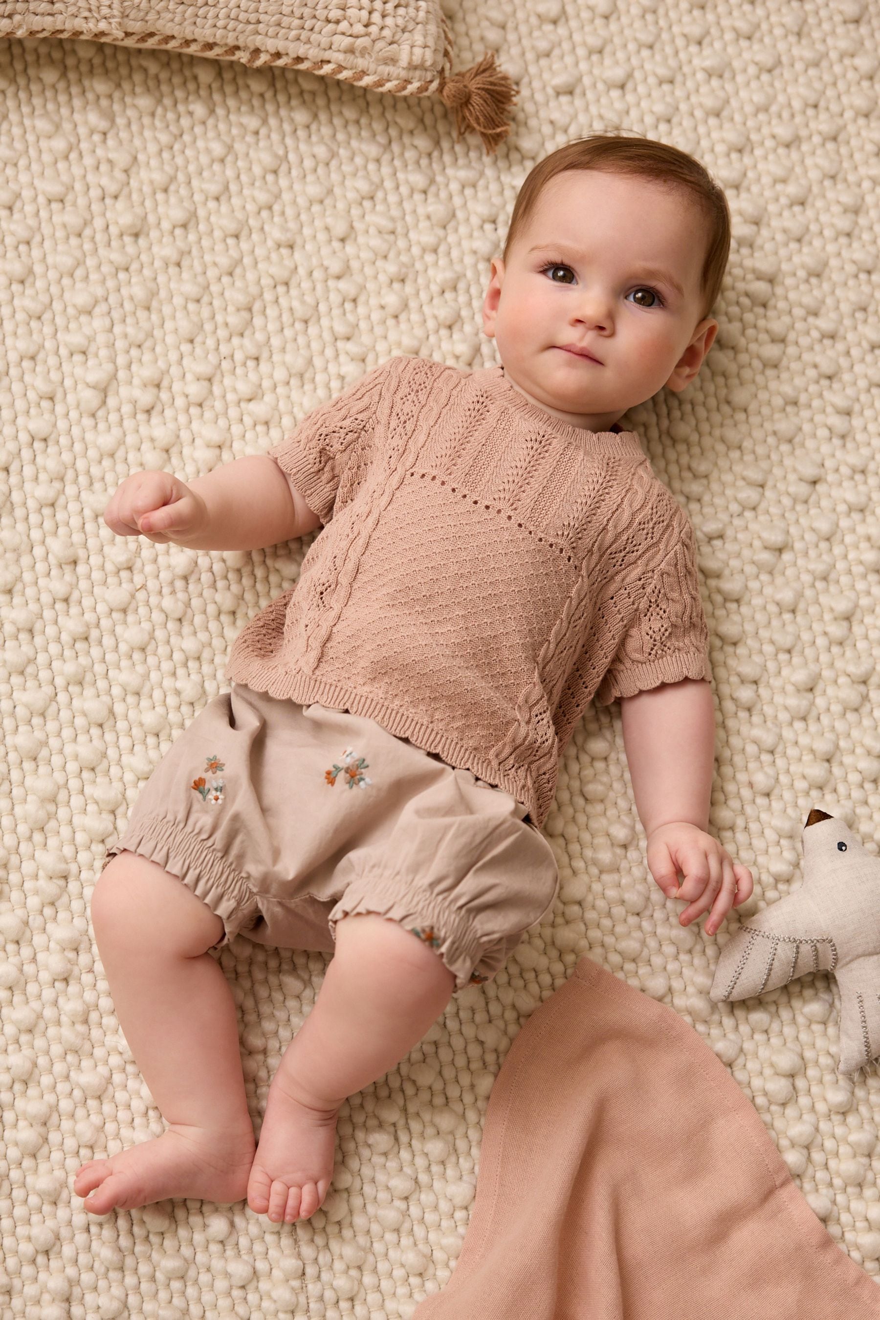 Rust Brown/Pink Baby Knitted Top and Woven Shorts Set (0mths-2yrs)