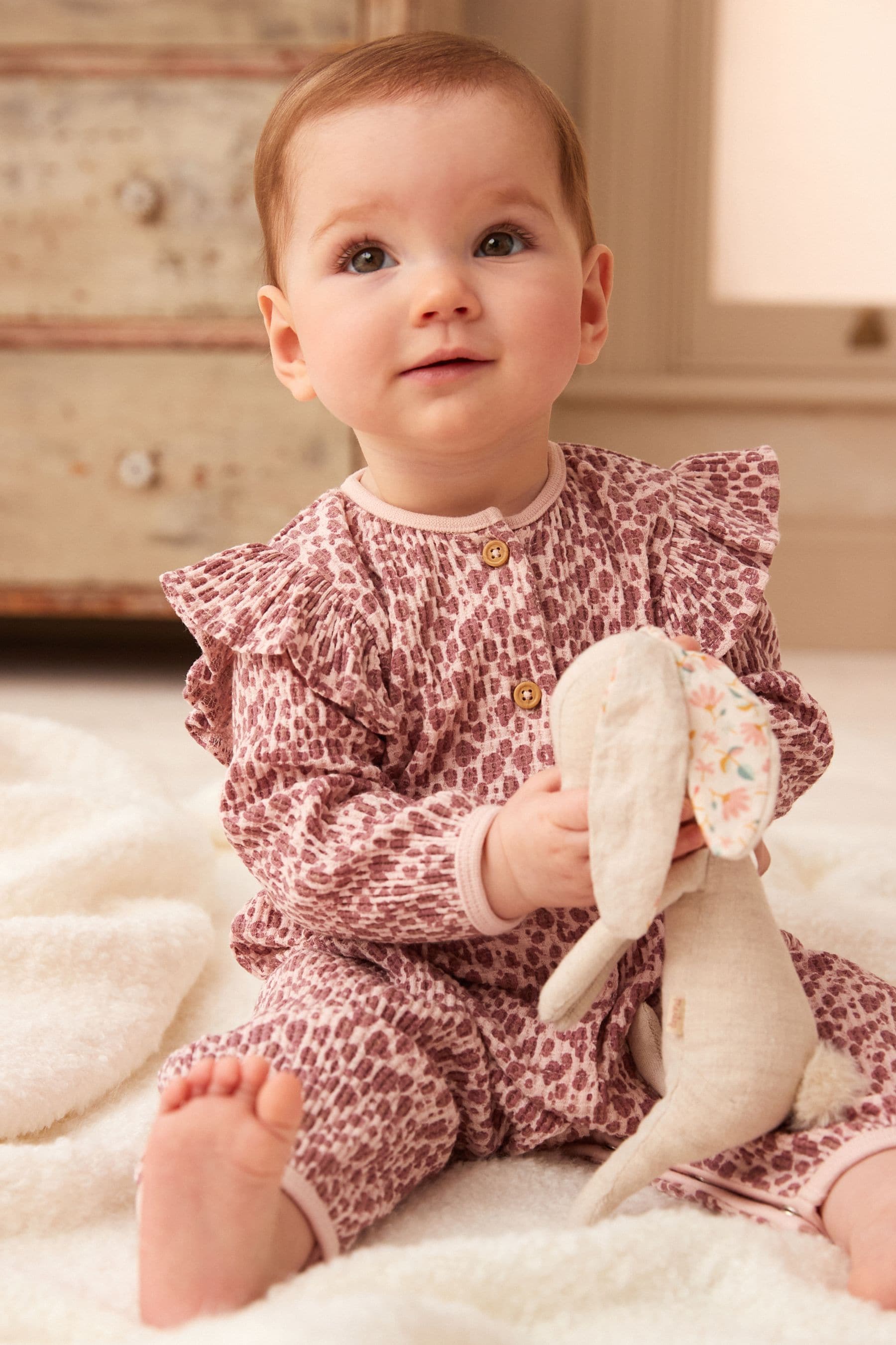 White/Purple Animal Print Waffle Baby Romper