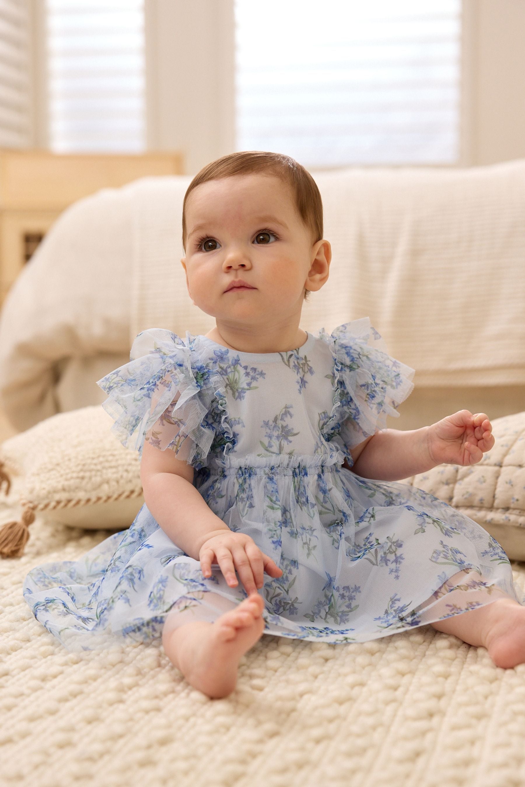 Blue Floral Baby Party Frill Sleeve Dress (0mths-2yrs)