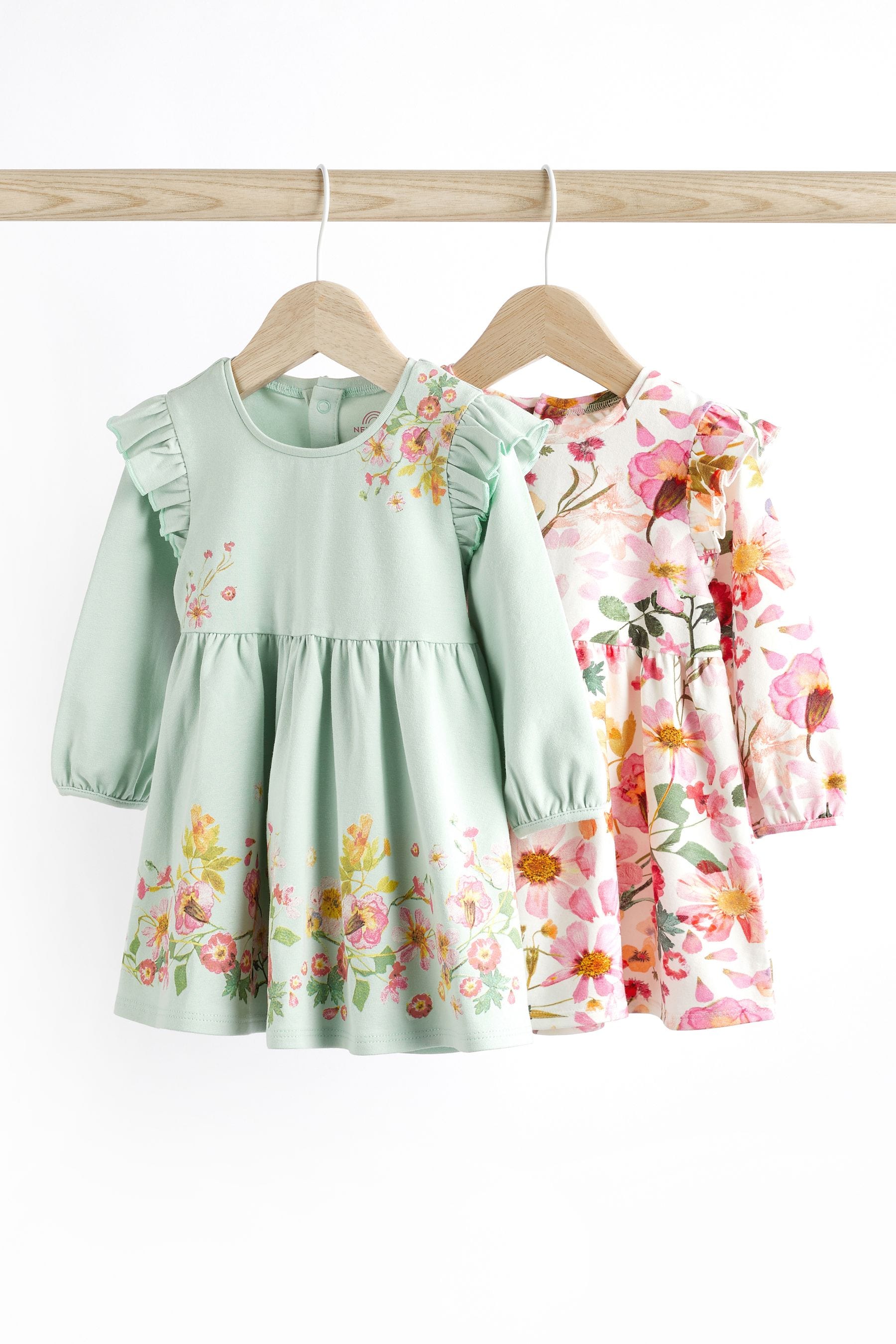 Pink & Mint Floral Baby Jersey Frill Dress 2 Pack (0mths-2yrs)