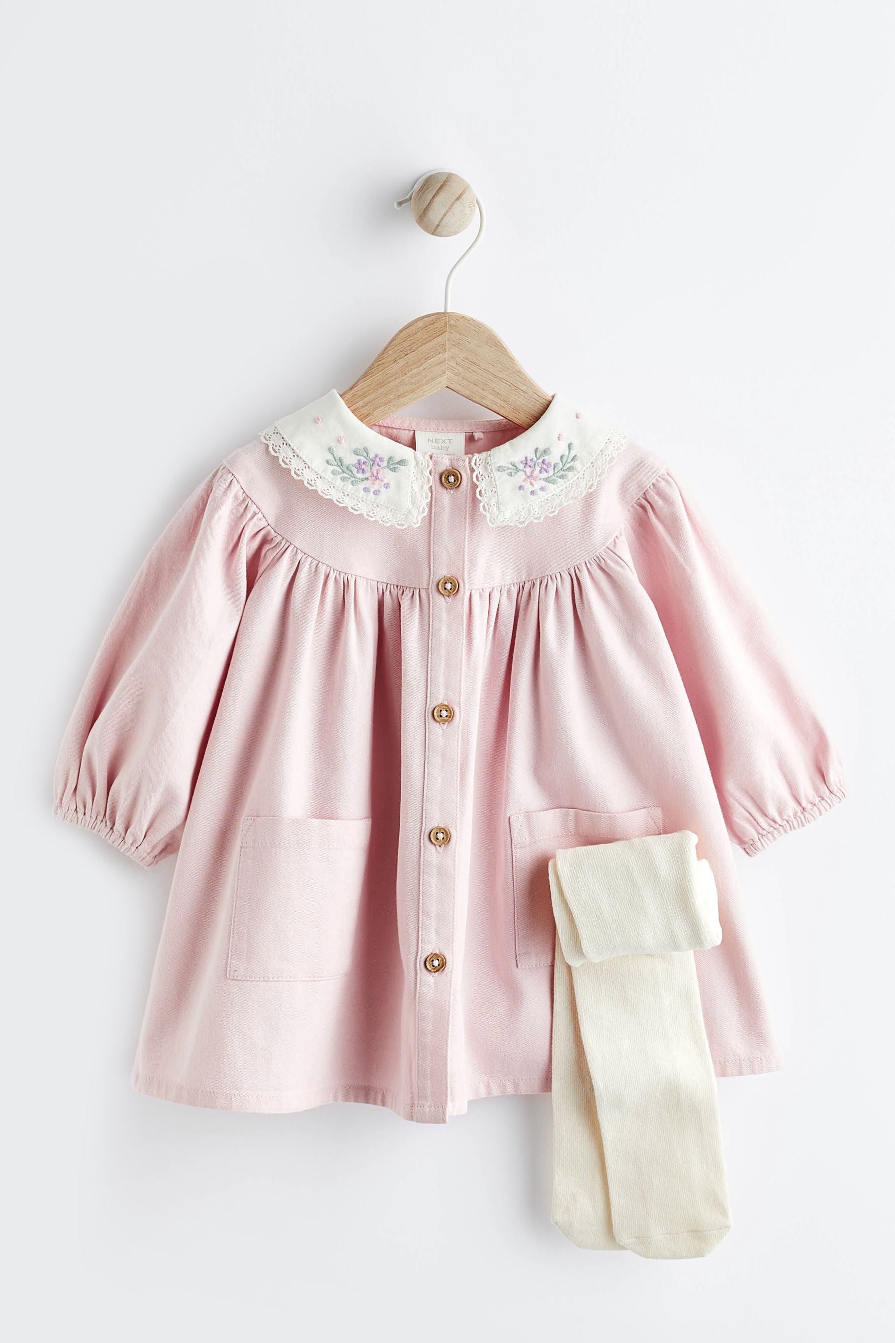 Pink 2 Piece Embroidered Baby Dress and Tights Set (0mths-2yrs)