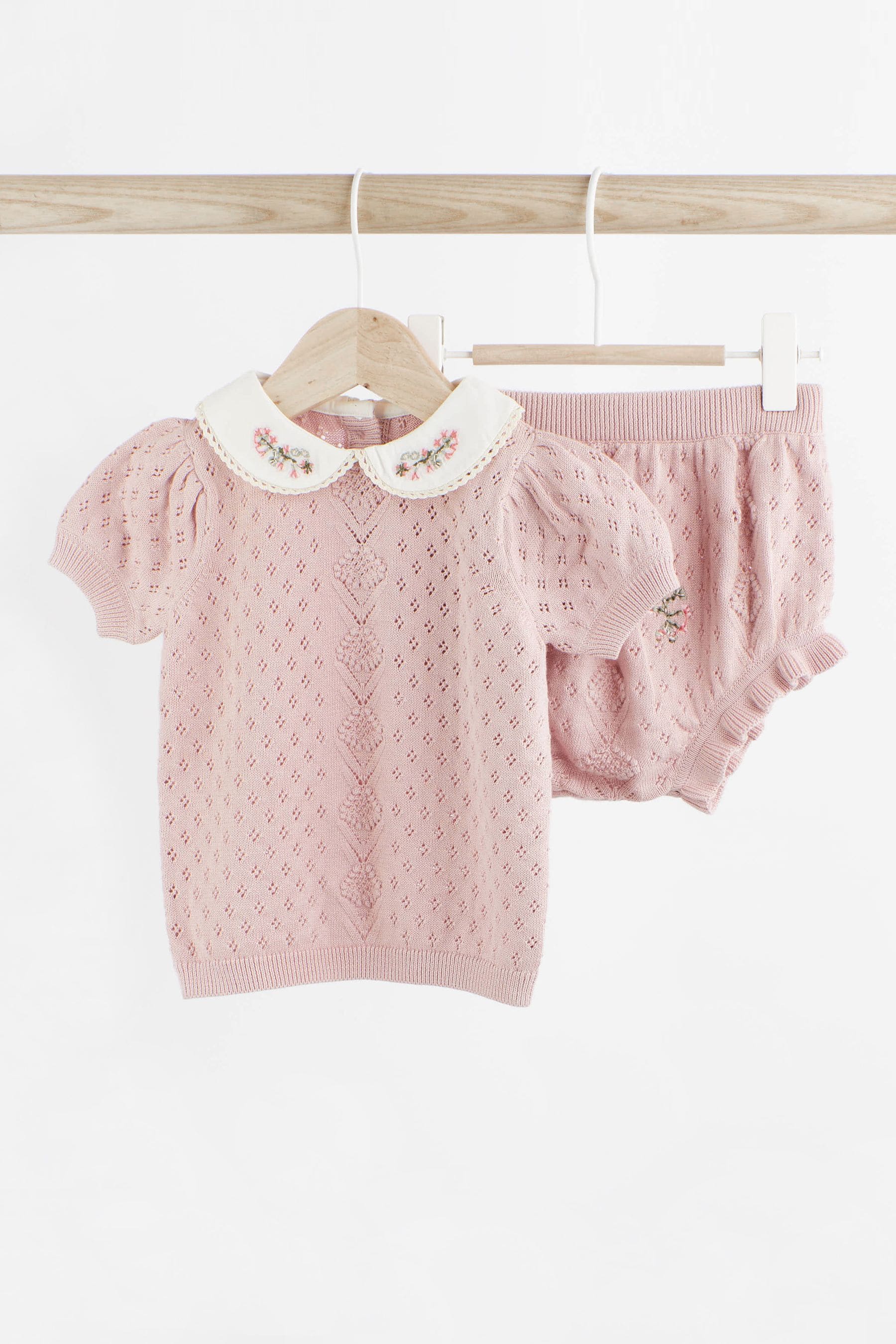 Pink Embroidered Knitted Baby 2 Piece Set (0mths-2yrs)