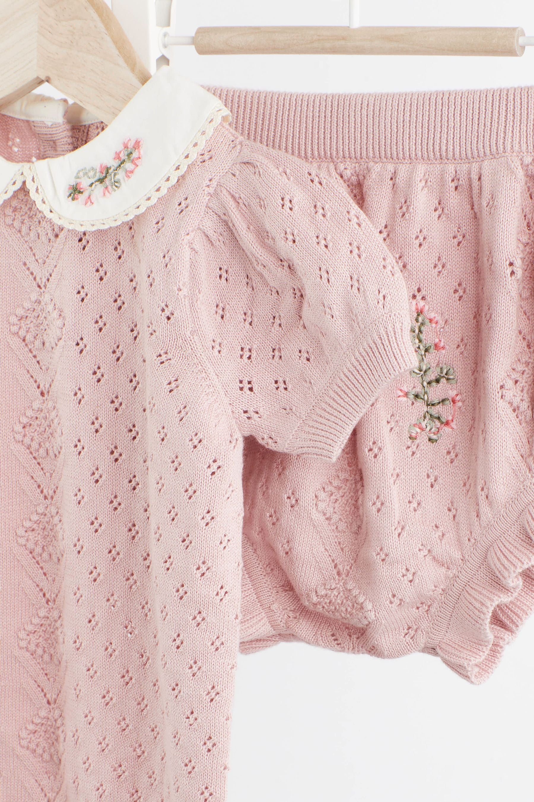 Pink Embroidered Knitted Baby 2 Piece Set (0mths-2yrs)