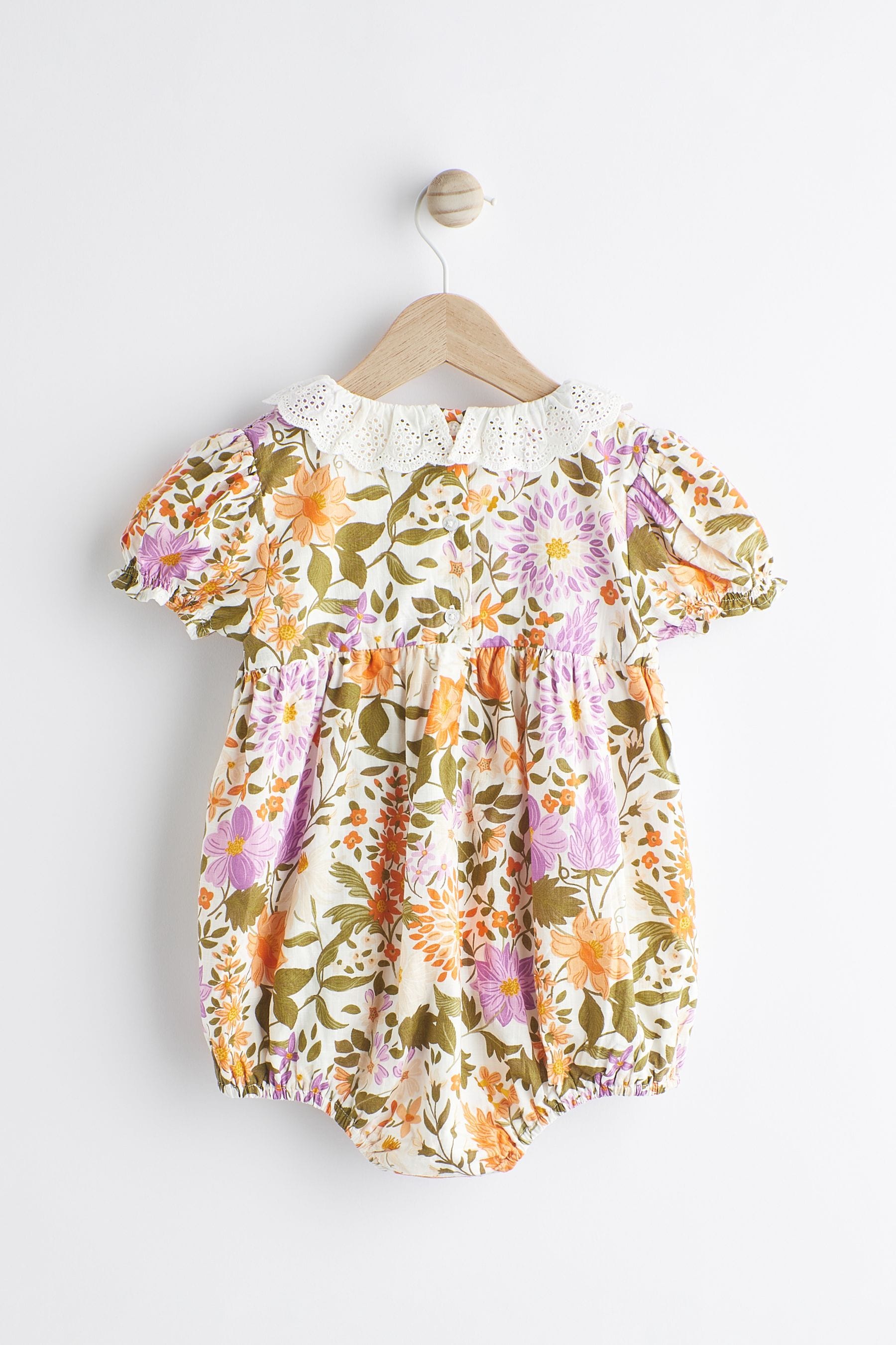 Orange/ Purple Floral Baby Collared Bloomer Romper (0mths-2yrs)