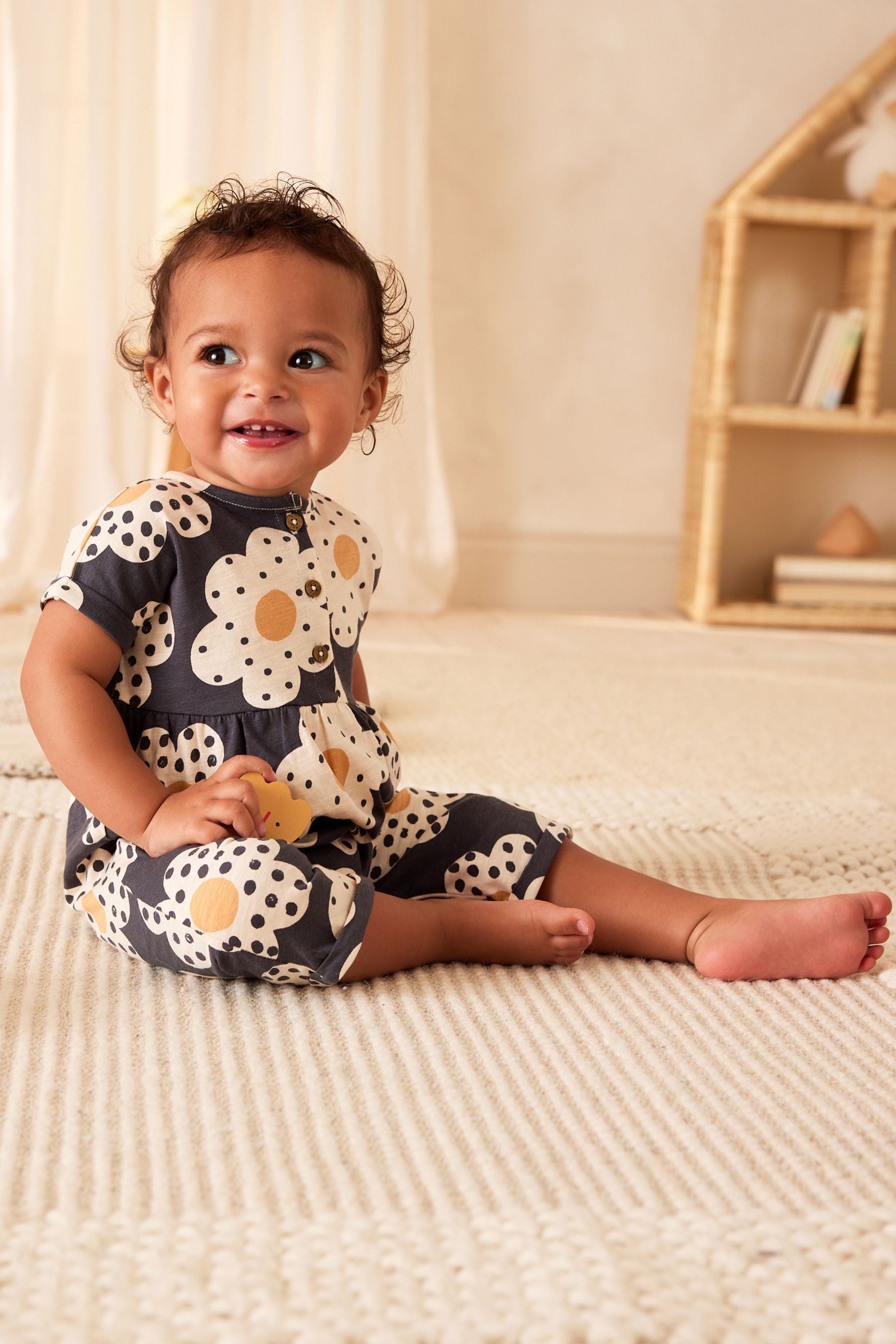 Monochrome Flower Print Baby Short Sleeve Wide Leg Jumpsuit (0mths-3yrs)