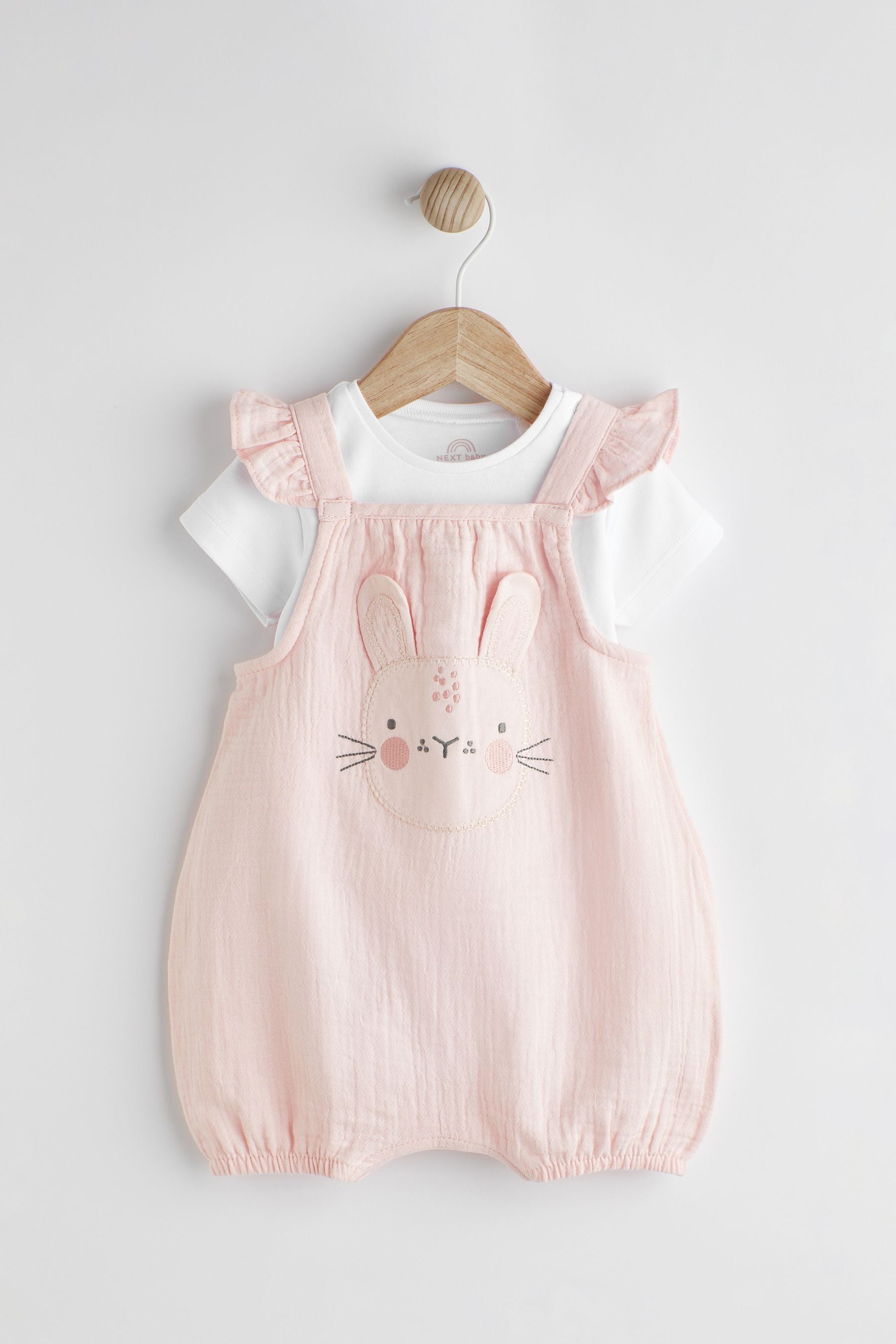 Pink Bunny Short Sleeve Short Leg Baby Dungarees (0mths-2yrs)