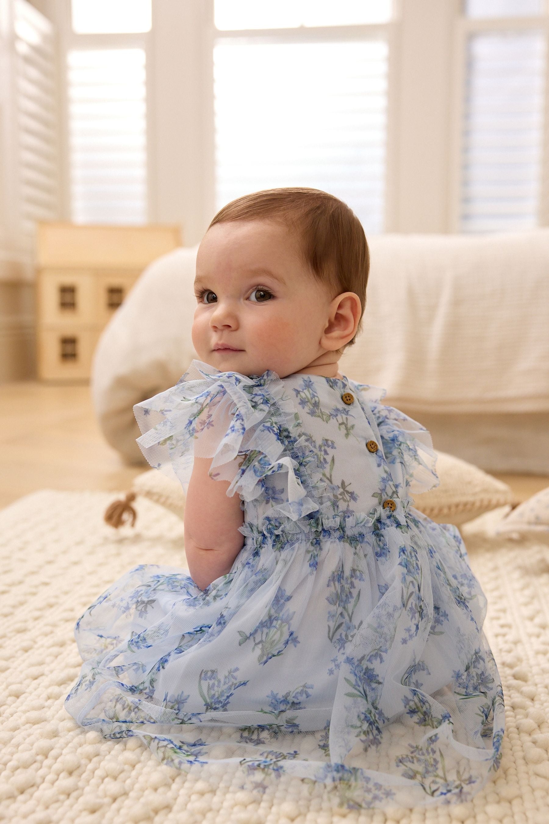 Blue Floral Baby Party Frill Sleeve Dress (0mths-2yrs)