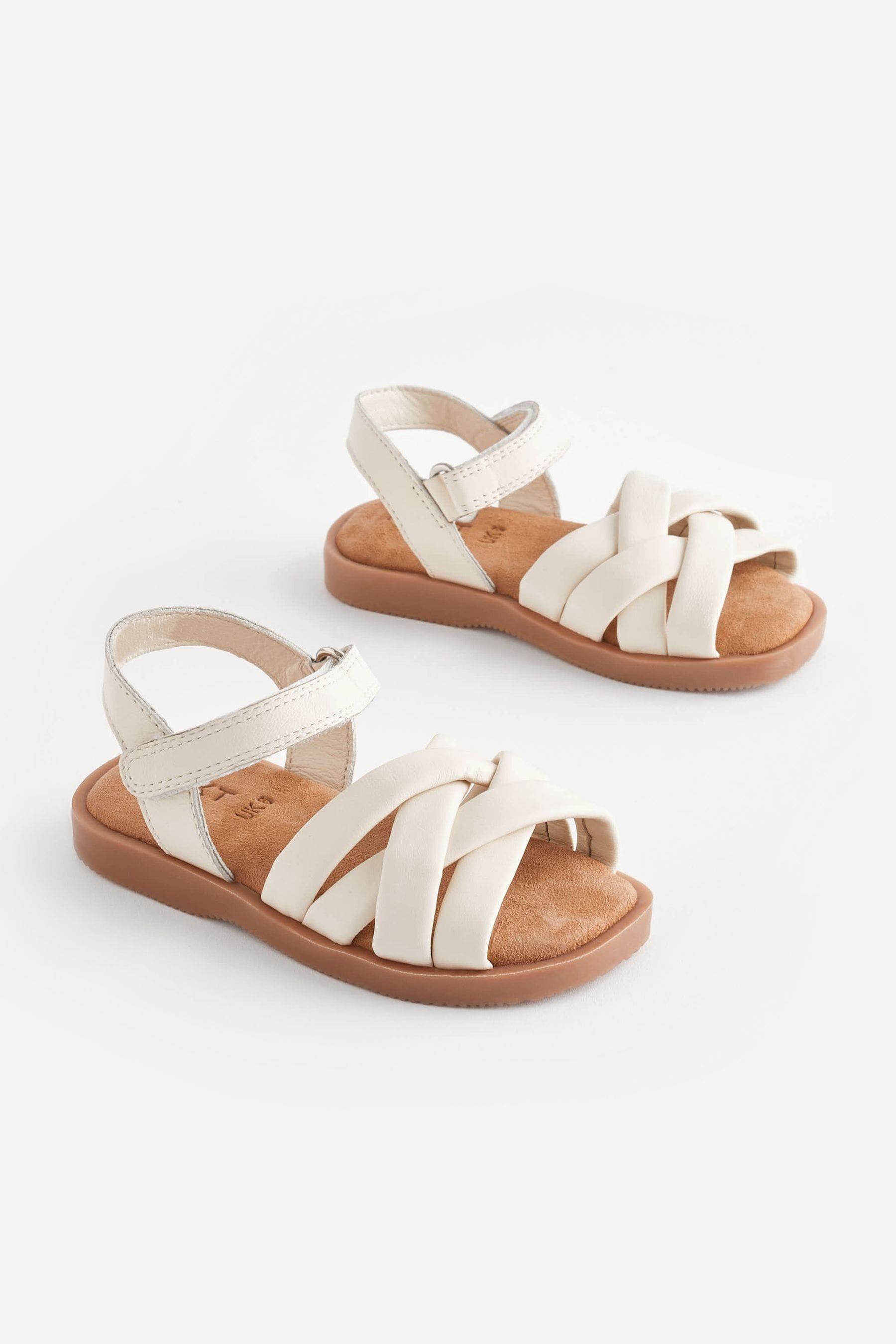 White Leather Woven Sandals With Touch Fastening