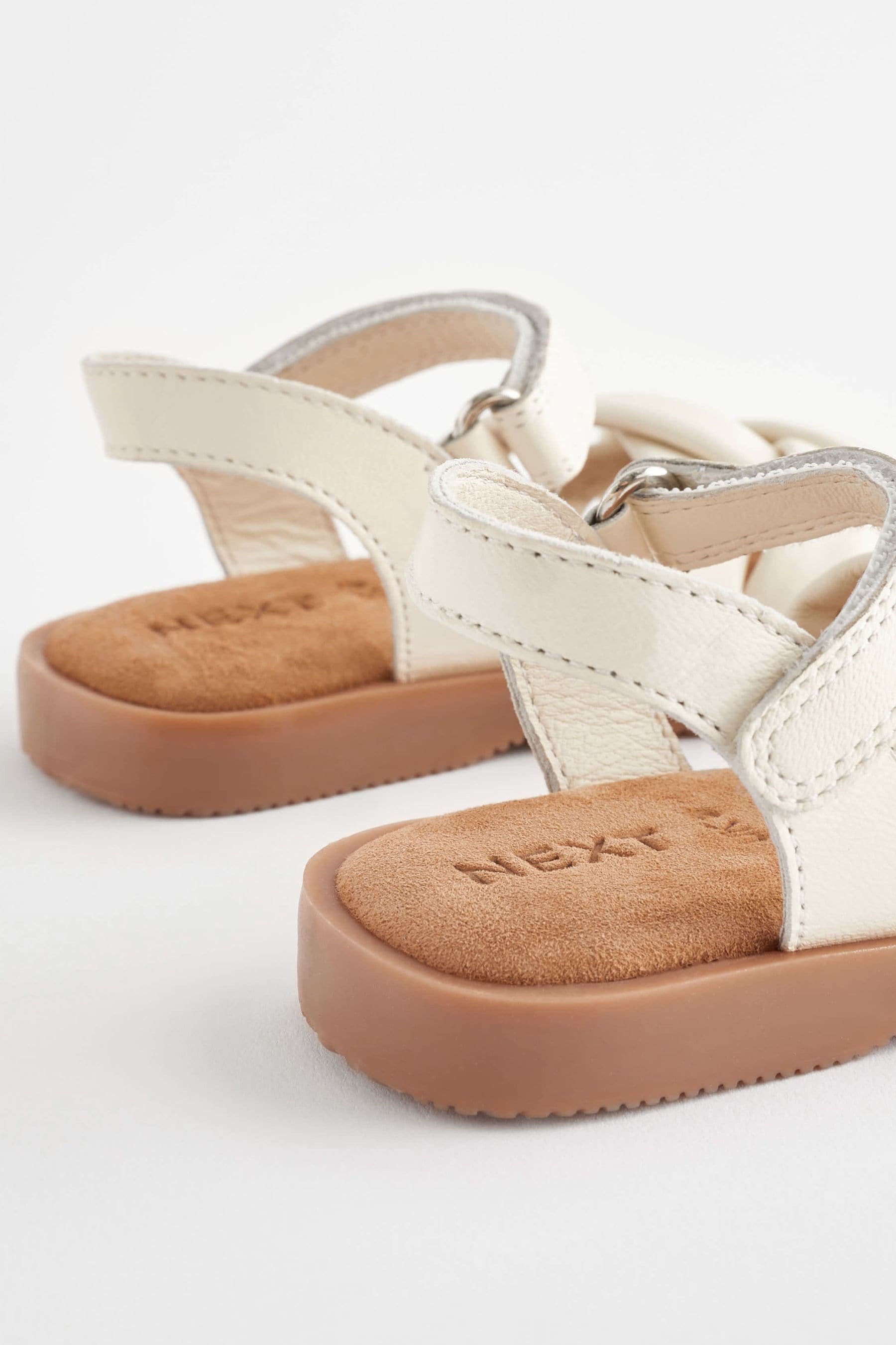 White Leather Woven Sandals With Touch Fastening