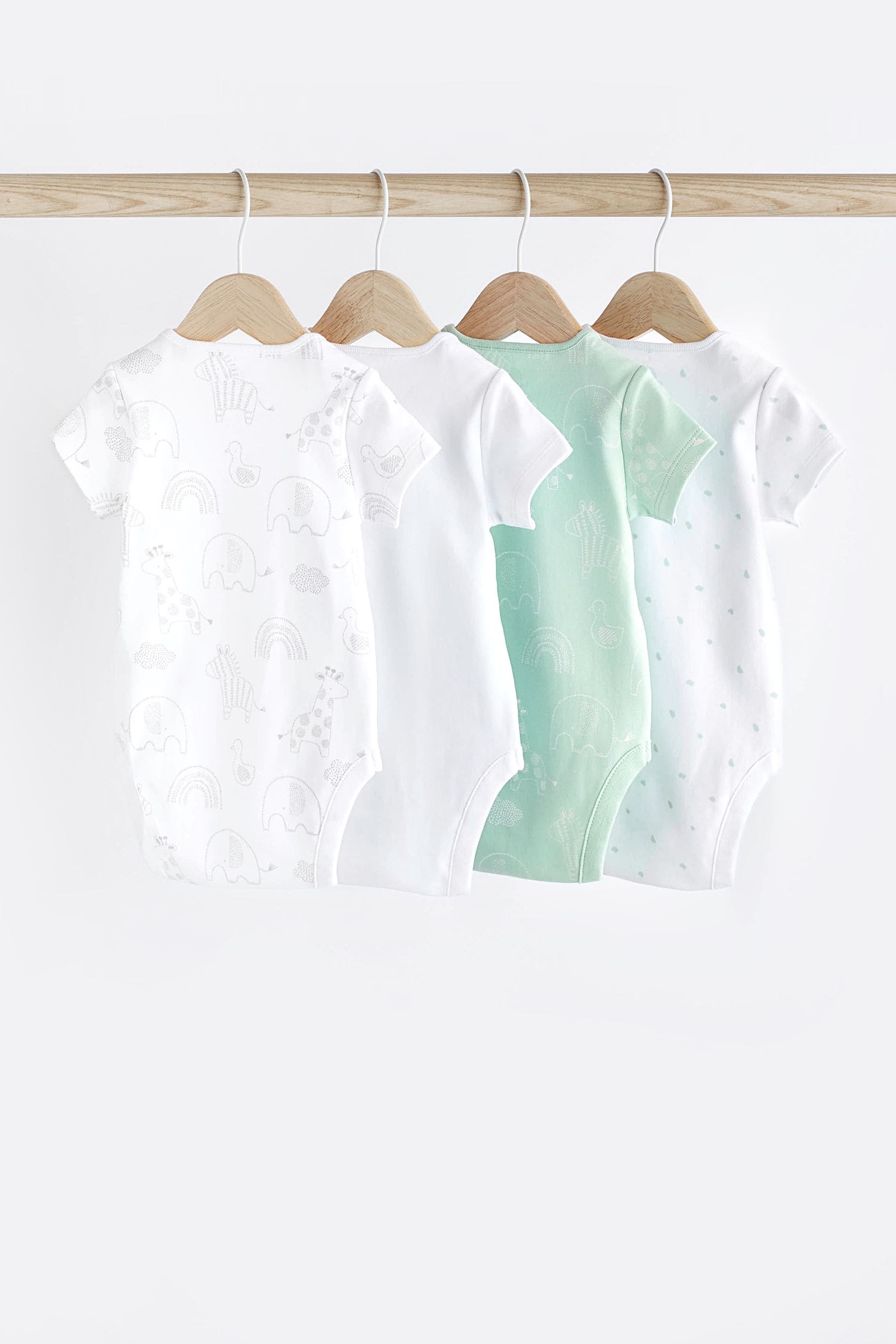 White/Green 4 Pack Baby Short Sleeve Sleepsuits