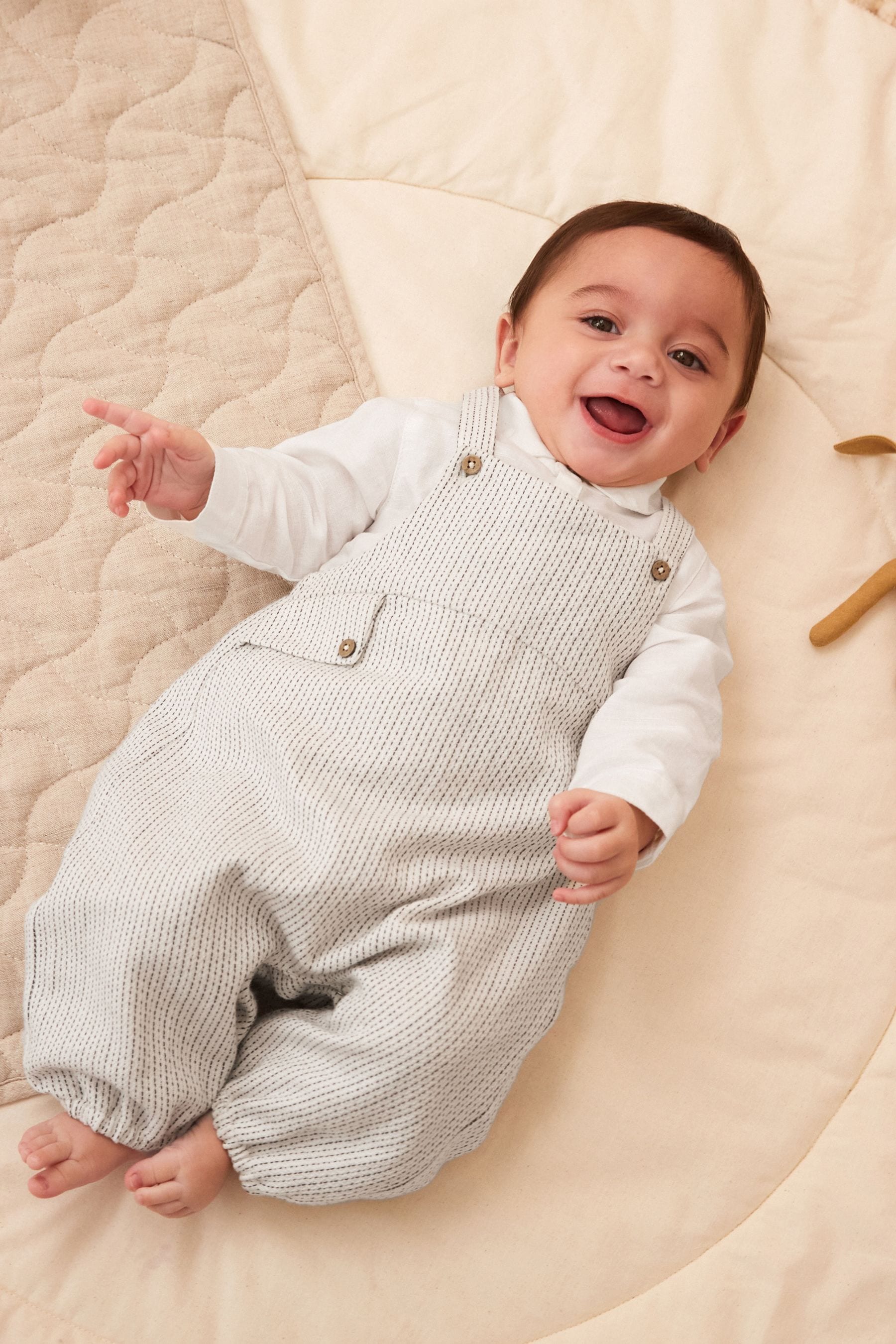 Grey/White Baby Woven Dungarees And Shirt Set (0mths-3yrs)