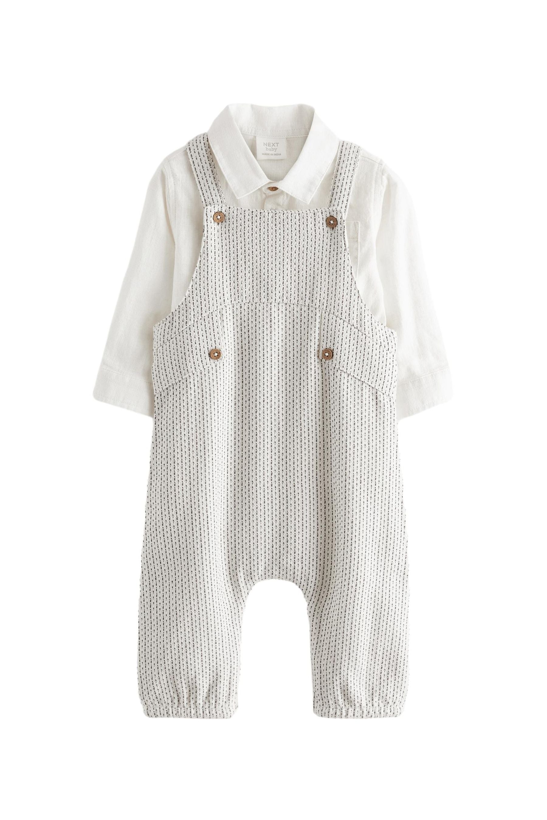 Grey/White Baby Woven Dungarees And Shirt Set (0mths-3yrs)