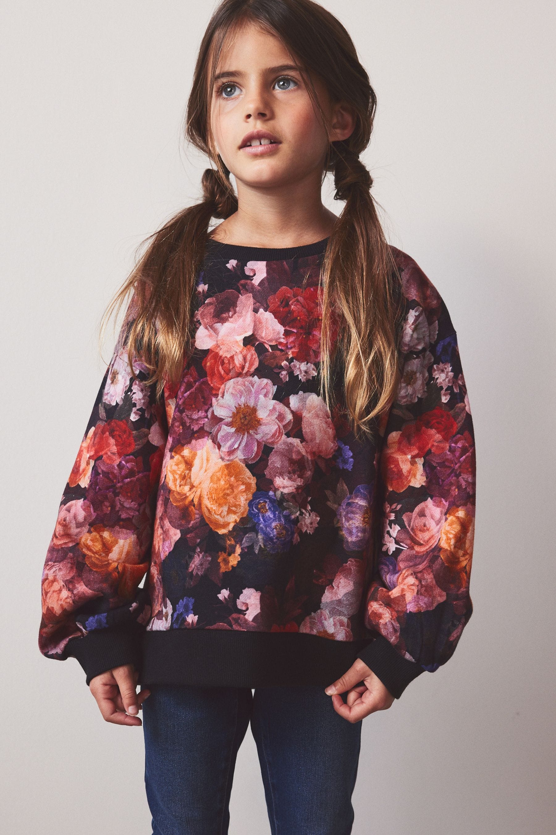 Black Floral Printed Crew Sweatshirt Top (3-16yrs)