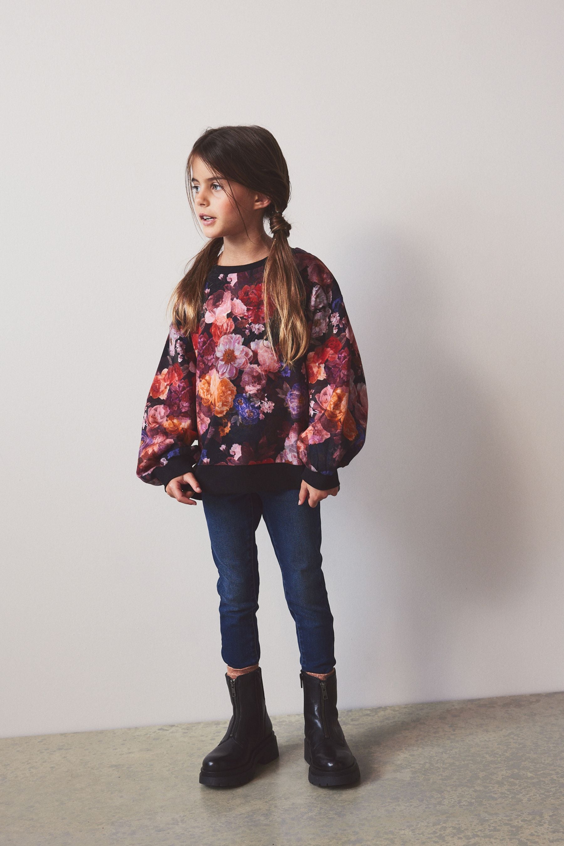 Black Floral Printed Crew Sweatshirt Top (3-16yrs)