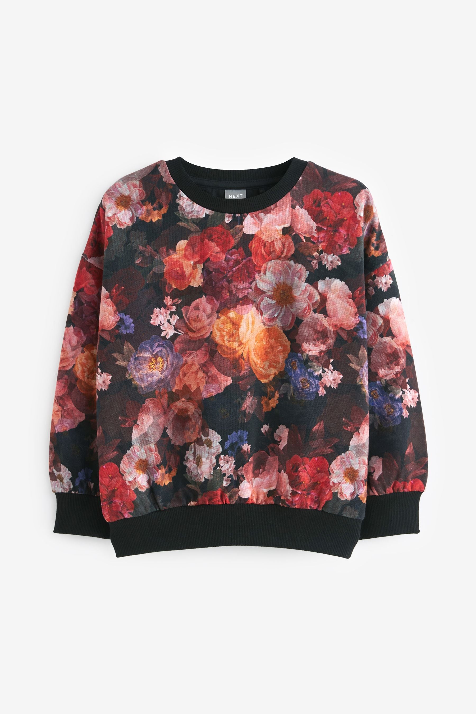 Black Floral Printed Crew Sweatshirt Top (3-16yrs)