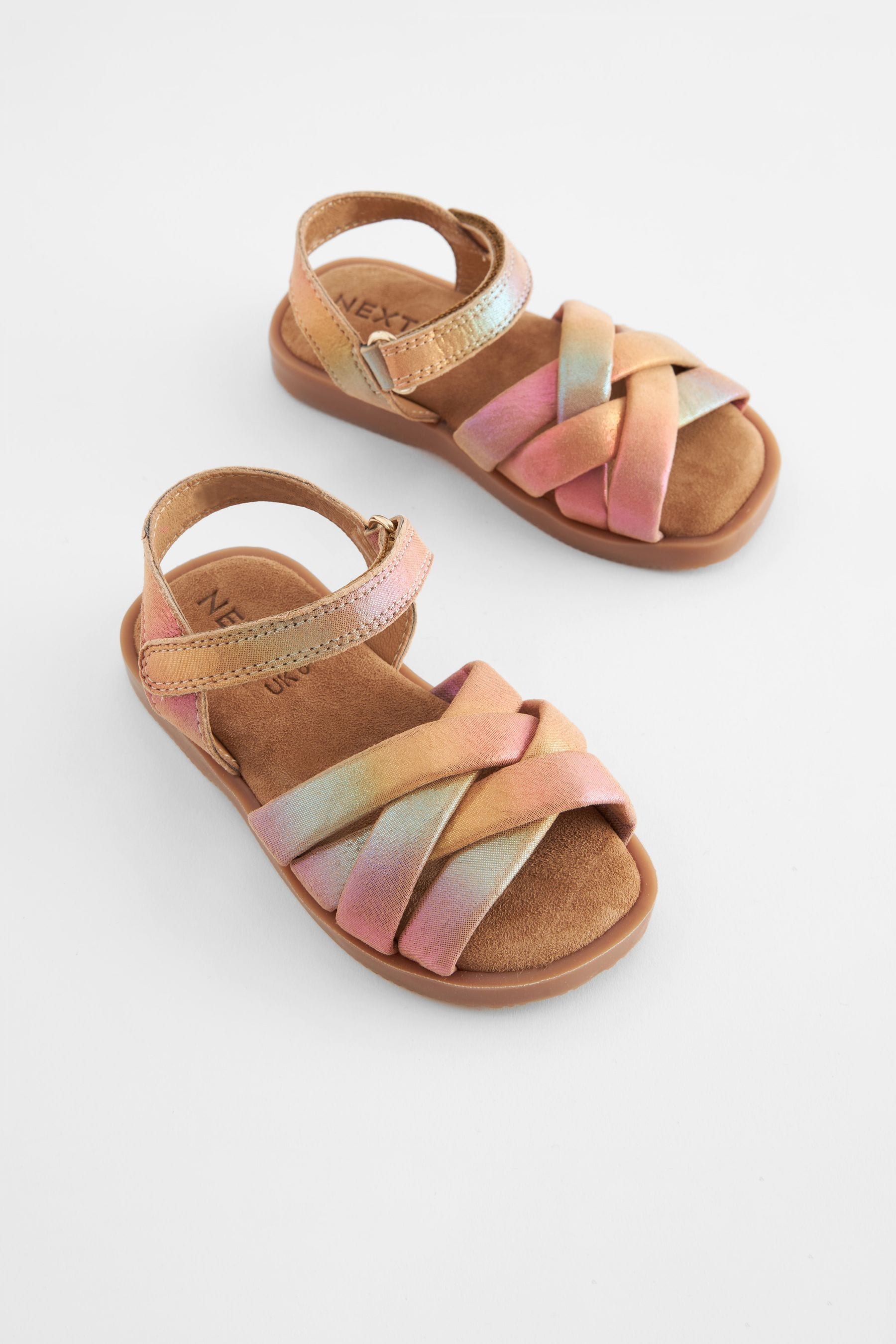 Pink Rainbow Leather Woven Sandals With Touch Fastening