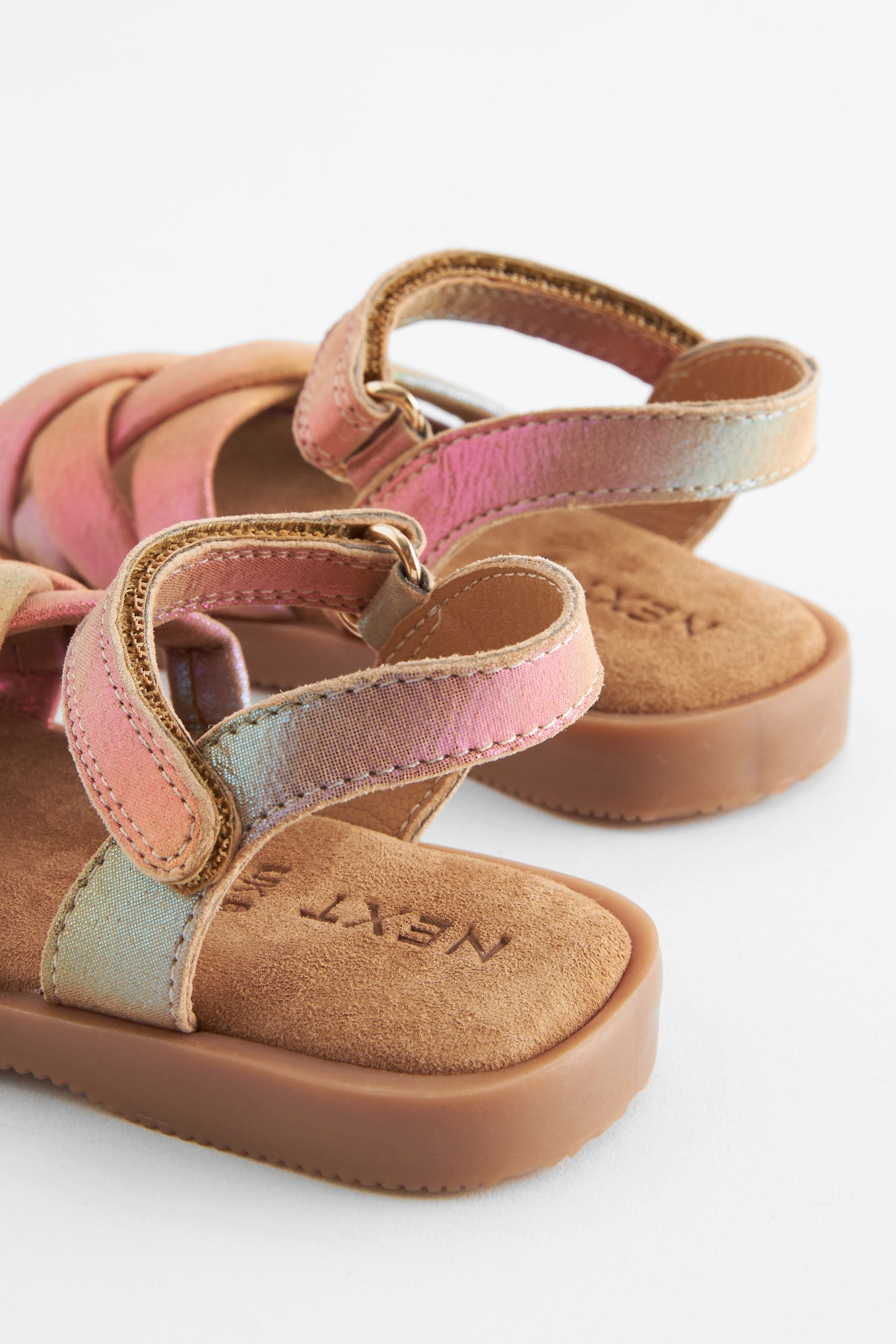 Pink Rainbow Leather Woven Sandals With Touch Fastening