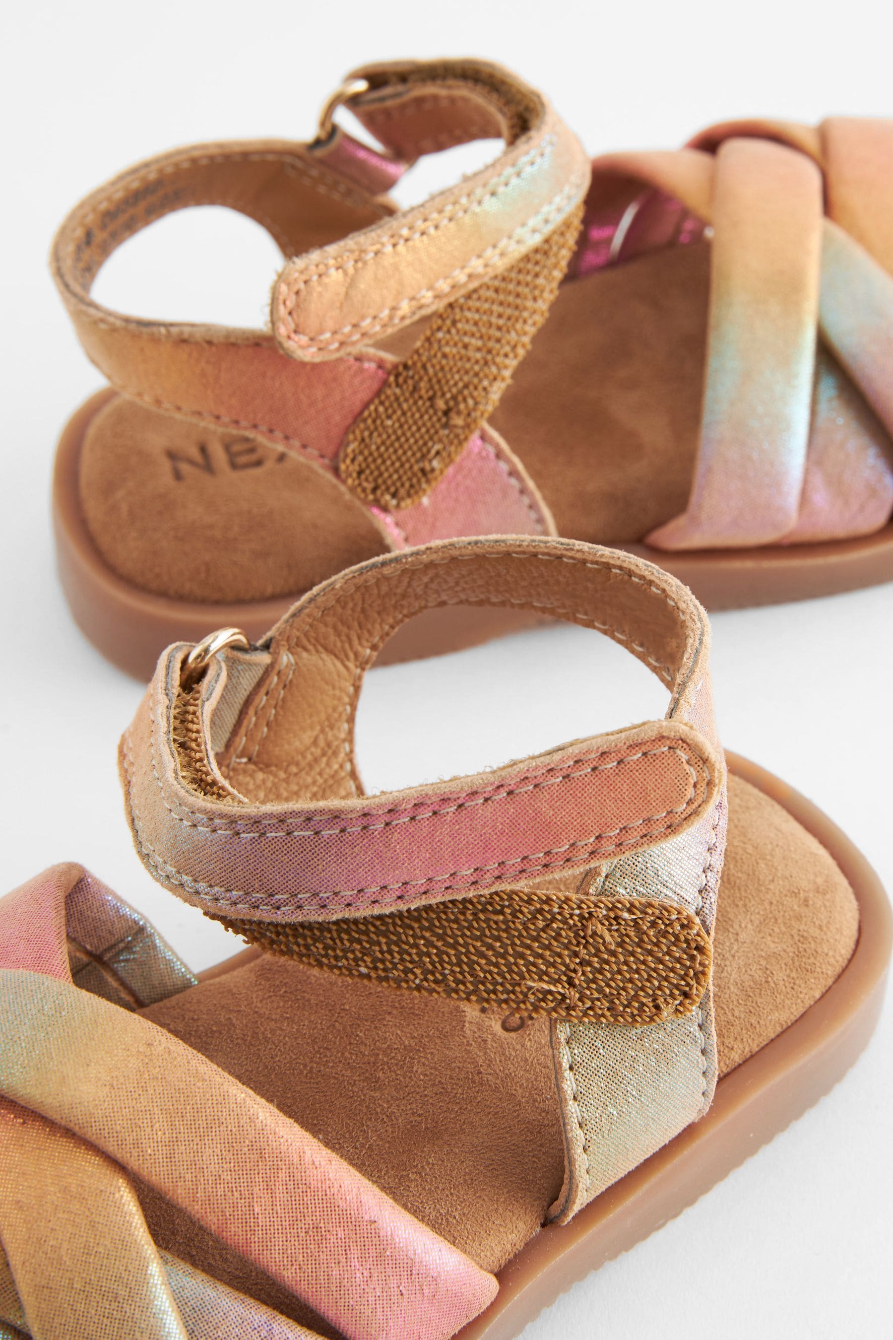 Pink Rainbow Leather Woven Sandals With Touch Fastening