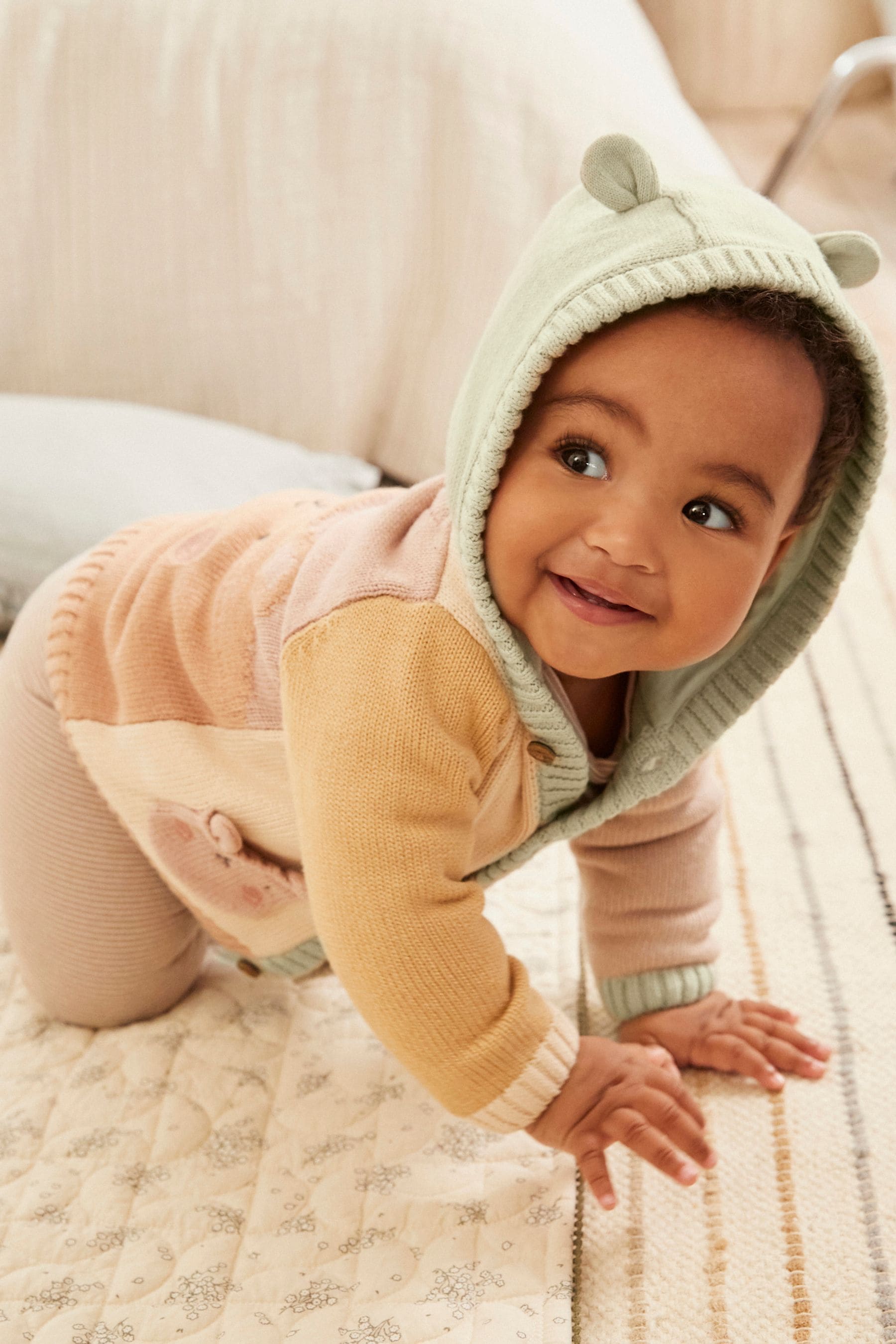 Tan Brown/Green/Yellow Colourblock Knitted Baby Cardigan