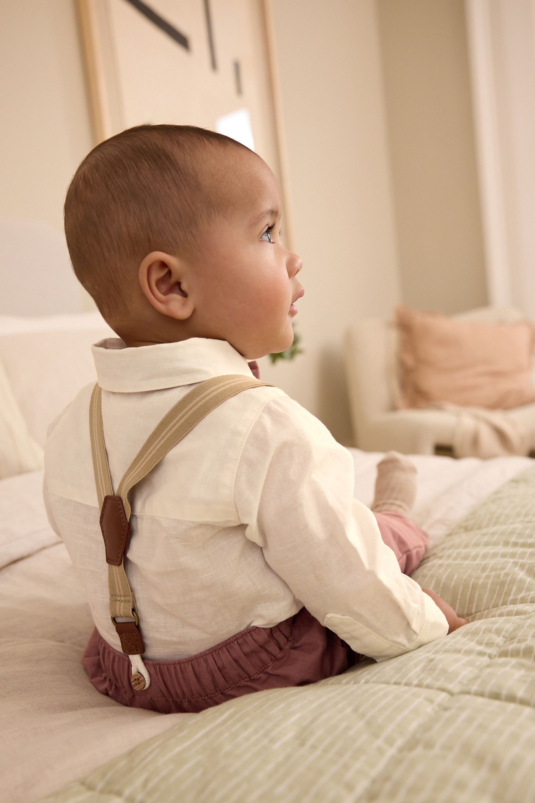 White/Rust Baby Shirt, Trousers and Braces 3 Piece Set (0mths-2yrs)