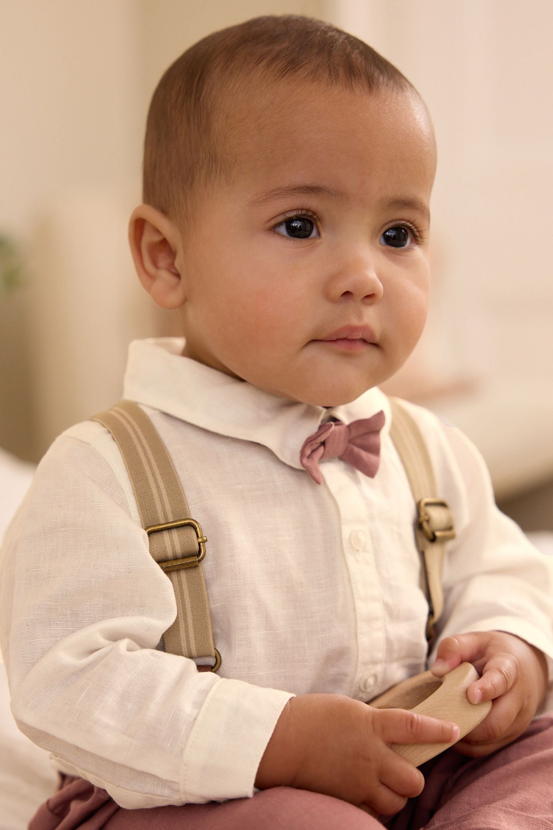 White/Rust Baby Shirt, Trousers and Braces 3 Piece Set (0mths-2yrs)