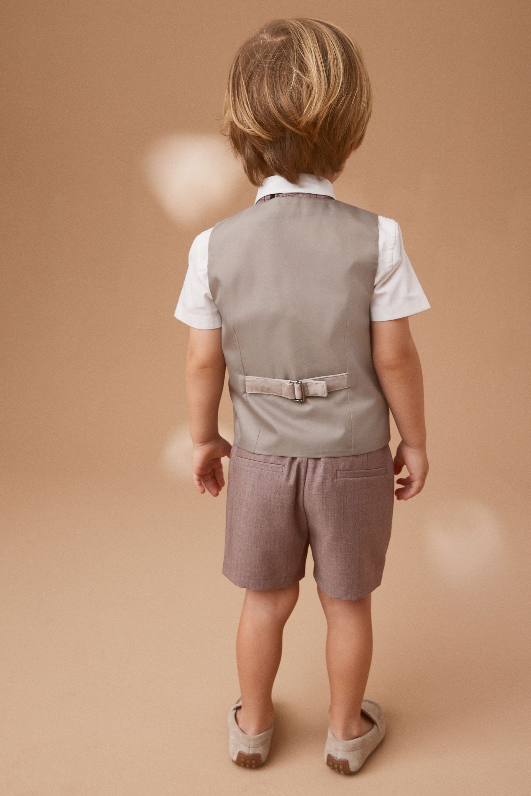 Neutral Velvet Waistcoat, Shirt, Shorts And Bow Tie 4 Piece Set (3mths-9yrs)