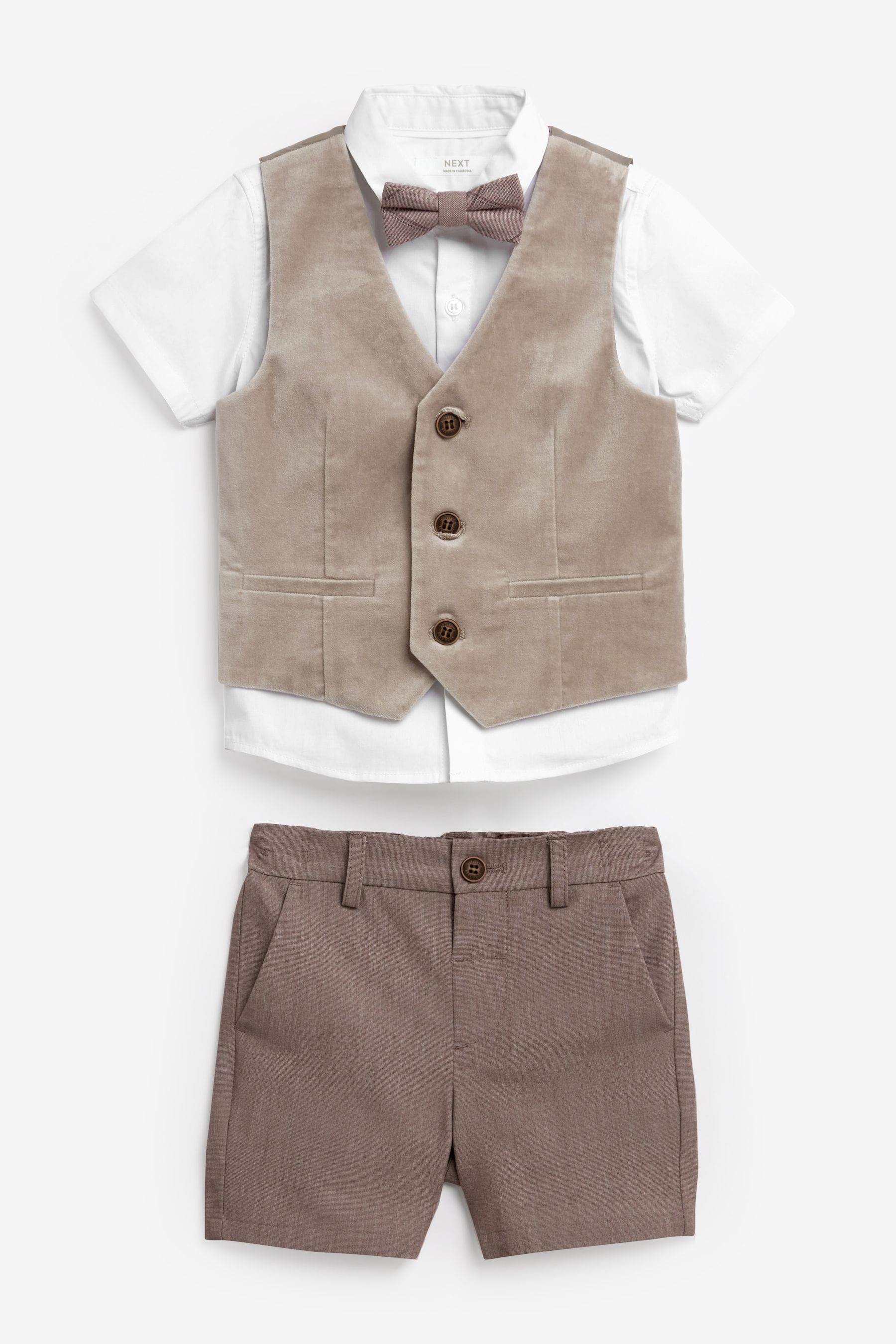 Neutral Velvet Waistcoat, Shirt, Shorts And Bow Tie 4 Piece Set (3mths-9yrs)