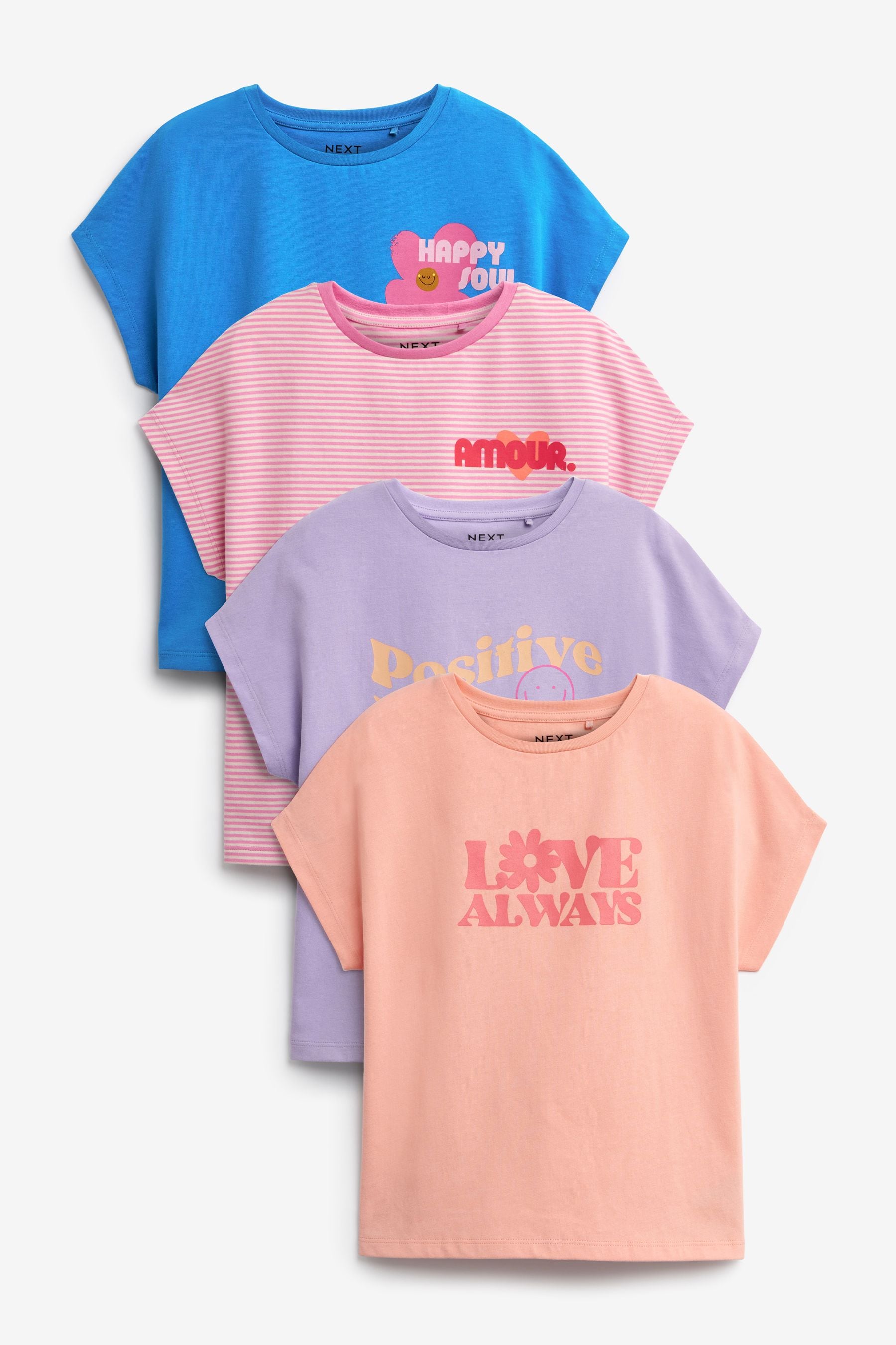 Pink/Purple/Blue 4 Pack Slogan T-Shirts (3-16yrs)