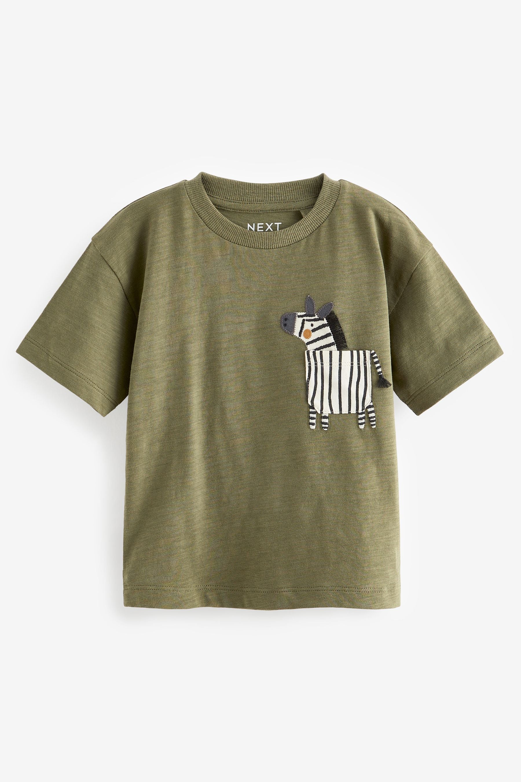 Khaki Green Zebra Short Sleeve Pocket T-Shirt (3mths-7yrs)