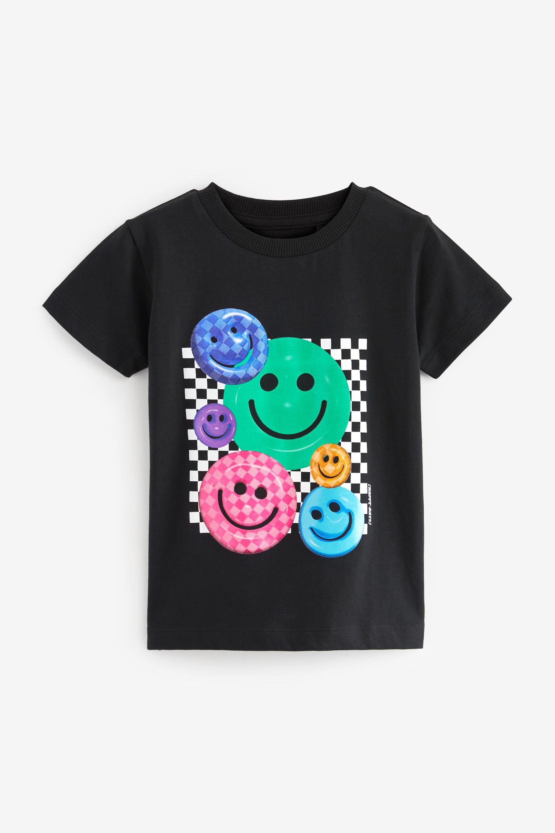 Black Checkerboard Smile Short Sleeve Character T-Shirt (3mths-7yrs)