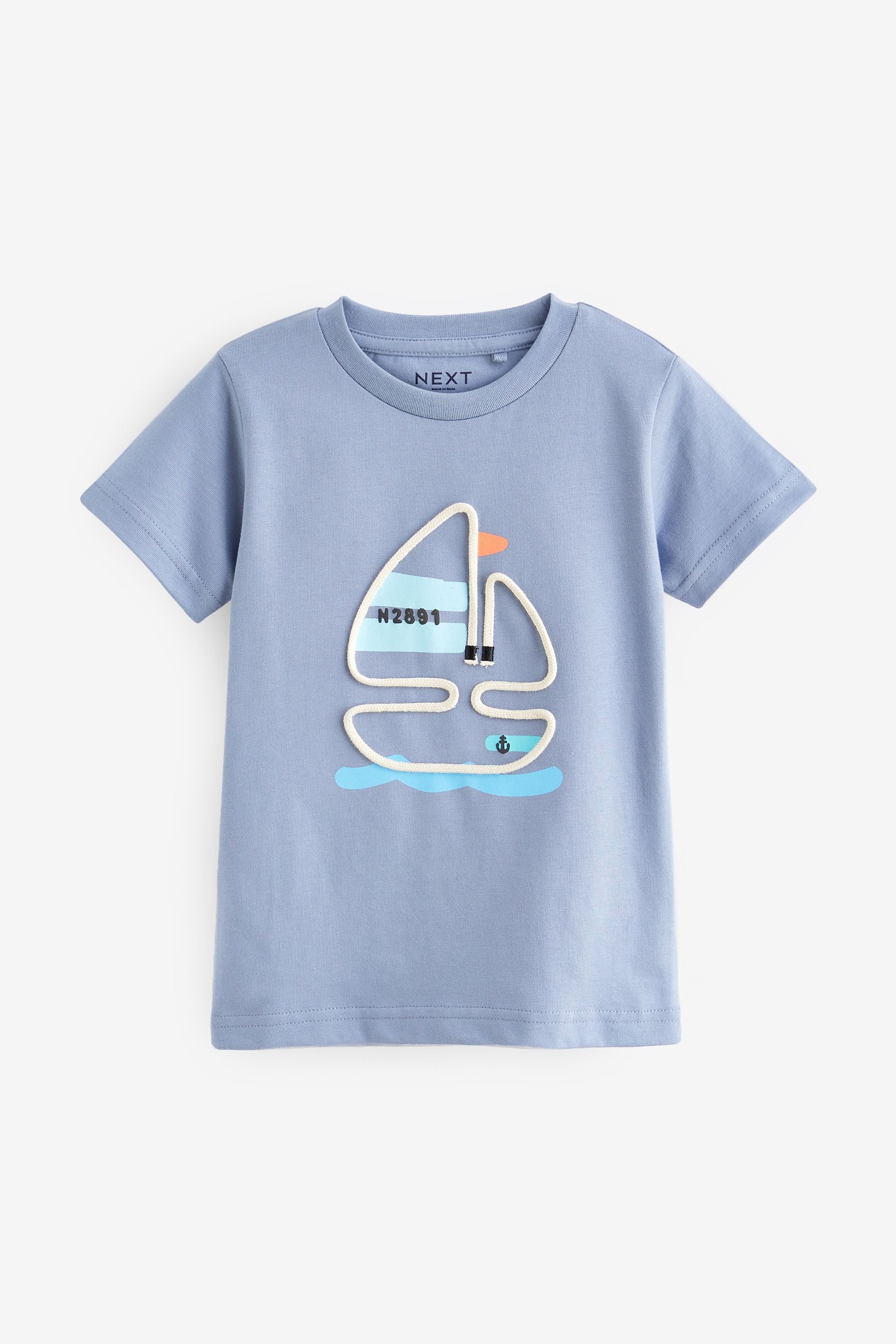 Blue Boat Appliquééé Transport Short Sleeve T-Shirt (3mths-7yrs)