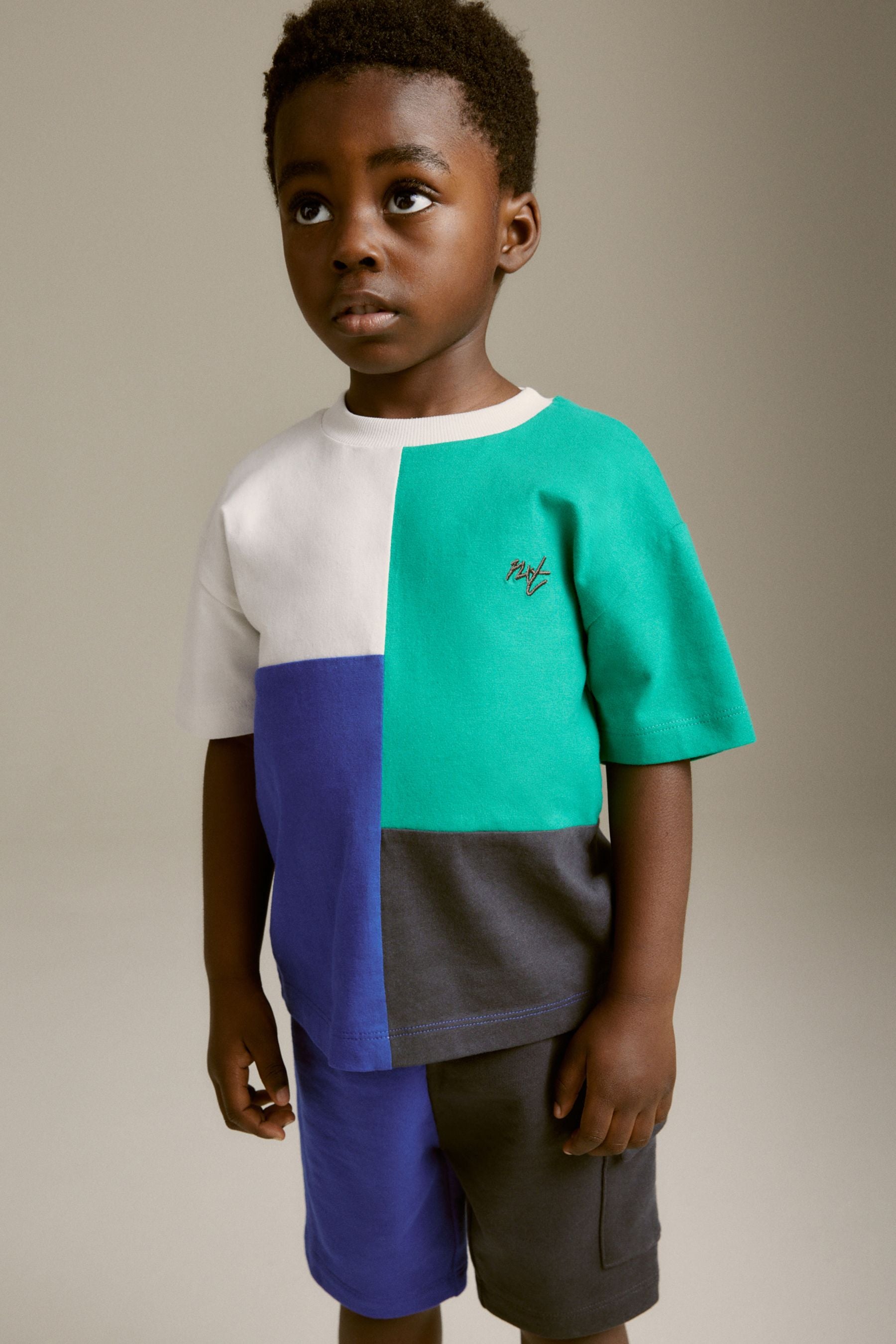 Blue/Green Short Sleeve Colourblock T-Shirt and Shorts Set (3mths-7yrs)