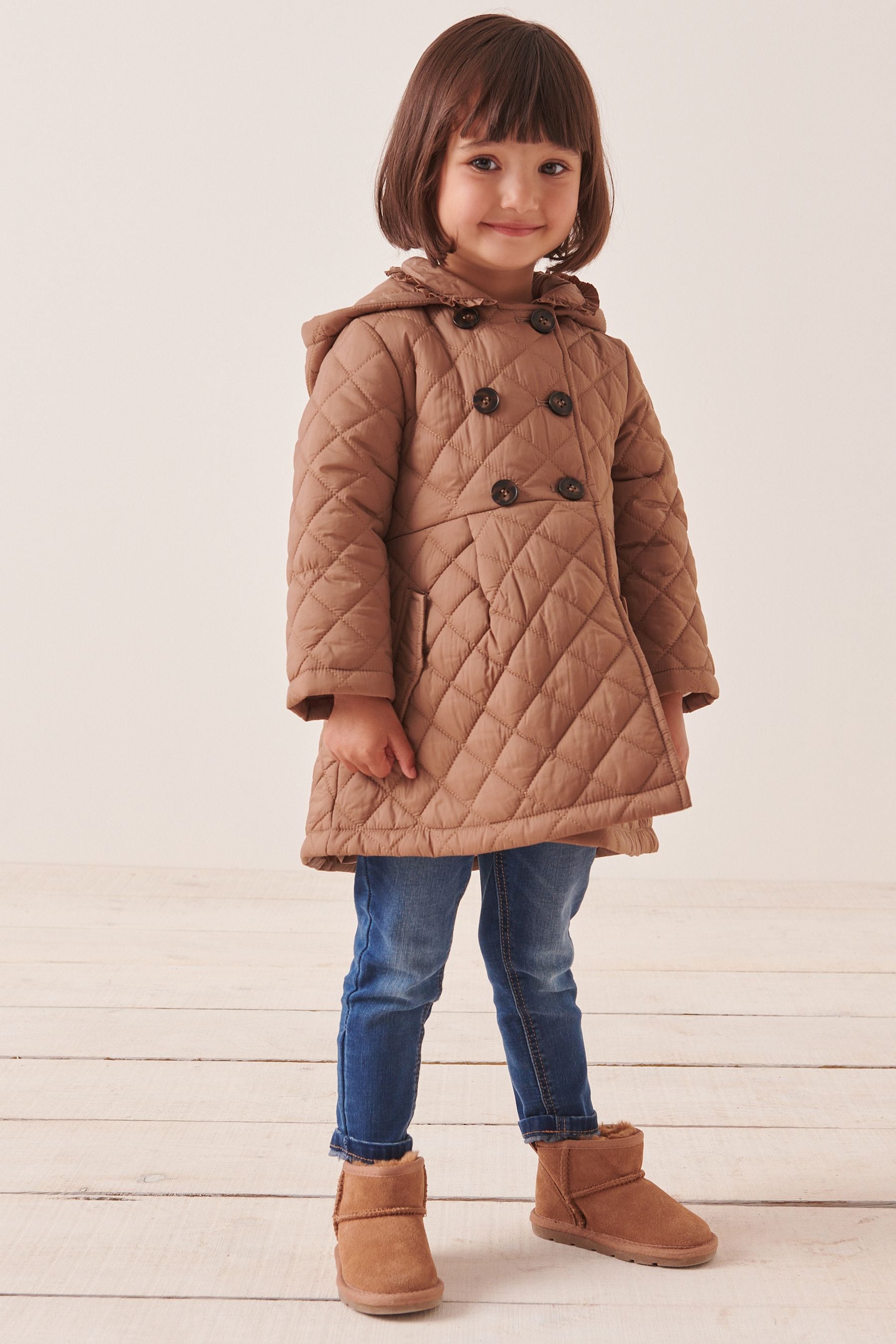 Camel Shower Resistant Frill Collar Quilted Coat (3mths-7yrs)