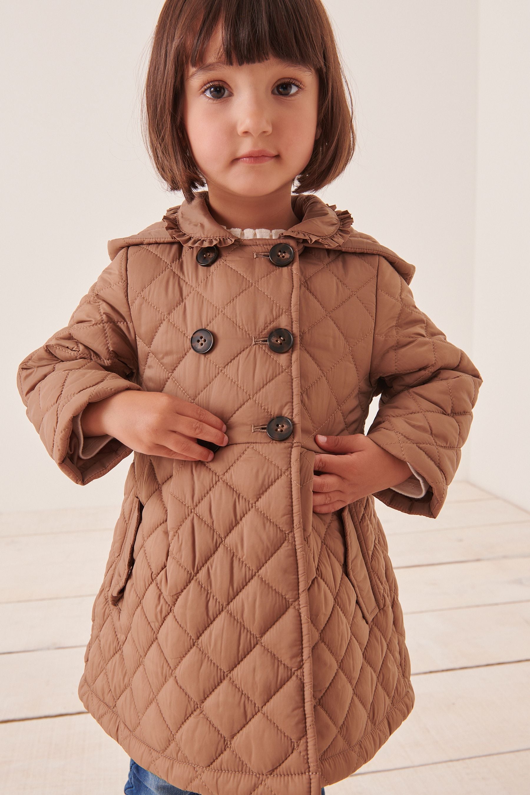 Camel Shower Resistant Frill Collar Quilted Coat (3mths-7yrs)