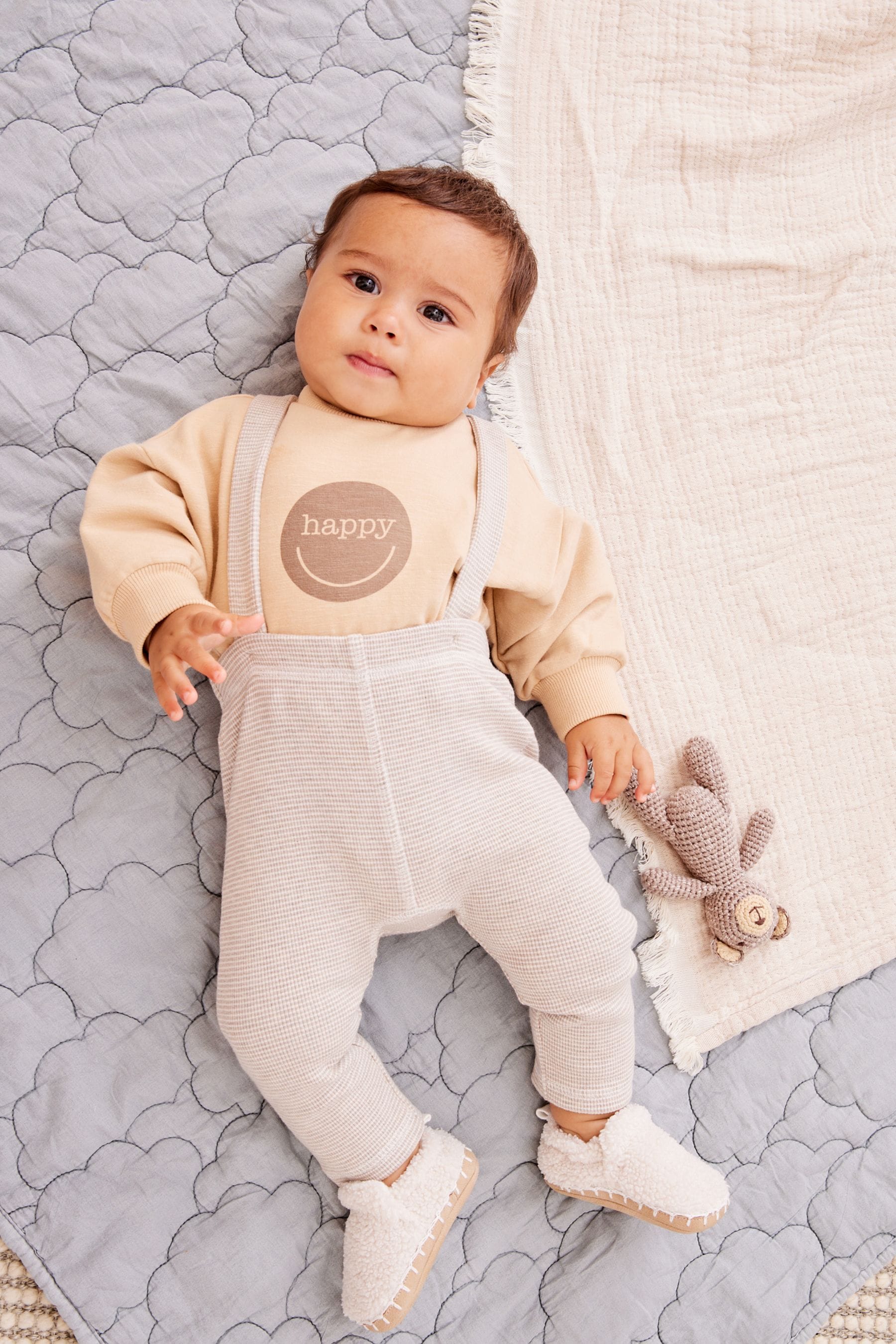 Sand Brown Bodysuit And Dungarees Set