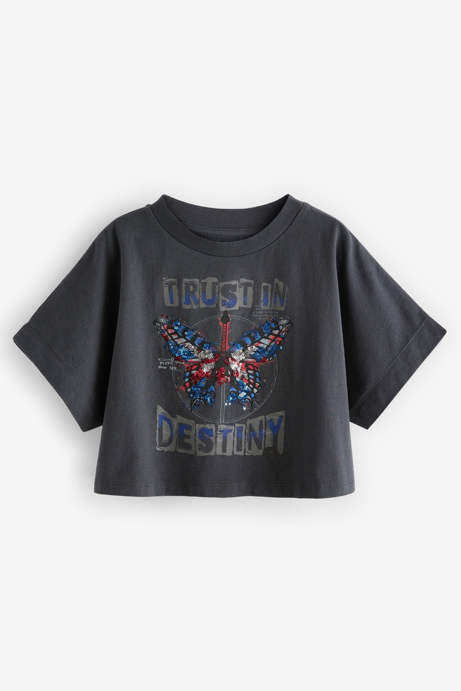 Black Sequin Butterfly Boxy T-Shirt (3-16yrs)