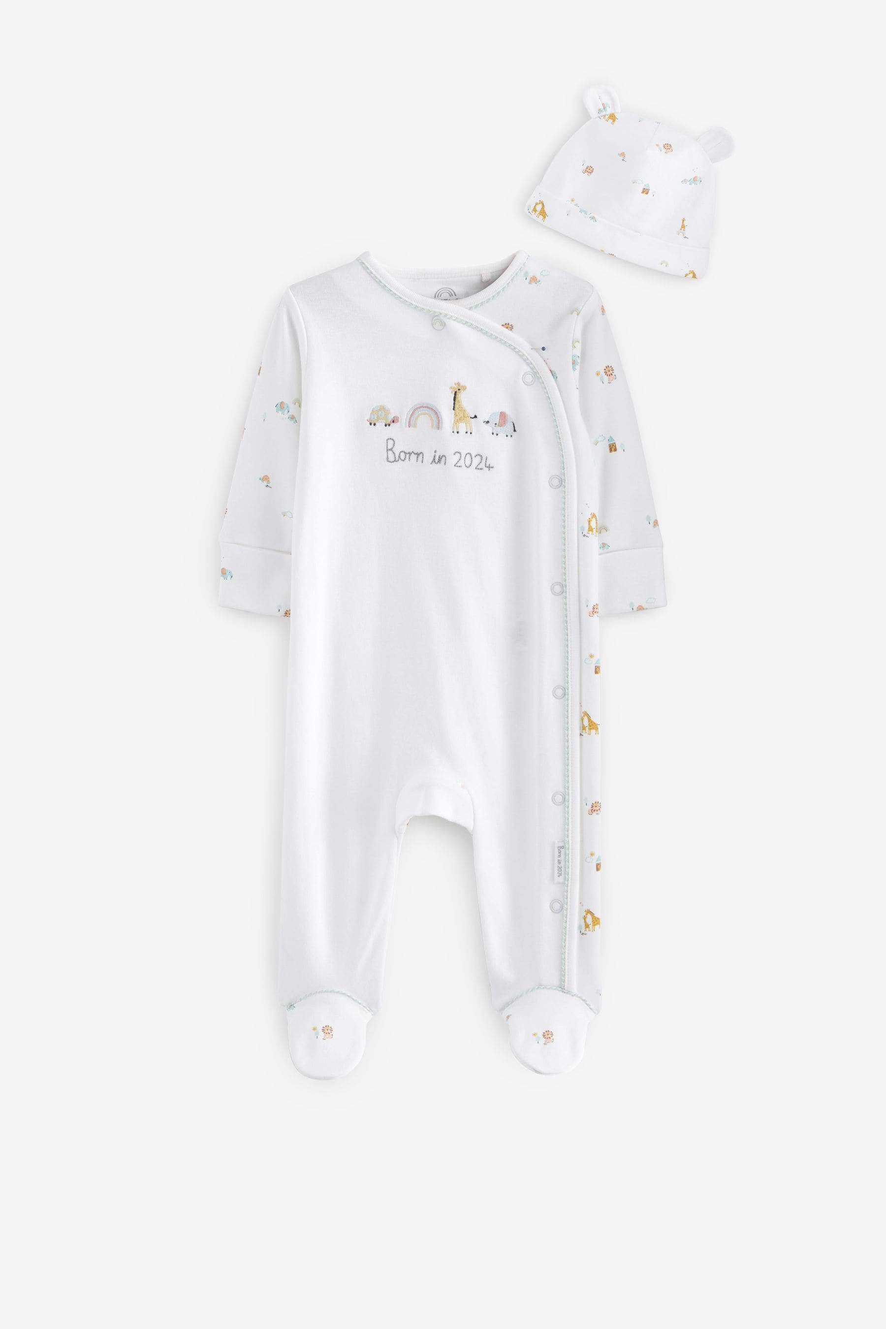 White Born in 2024 Baby Sleepsuit and Hat 2pc Set (0-9mths)