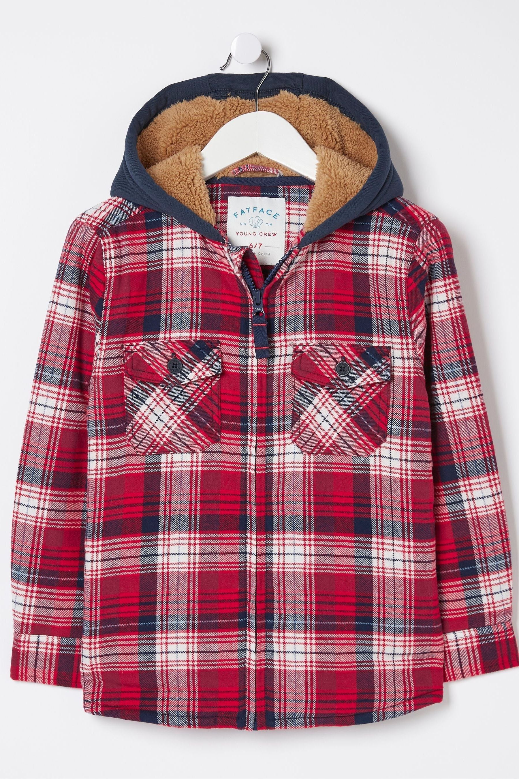 Red FatFace Check Hooded Shacket